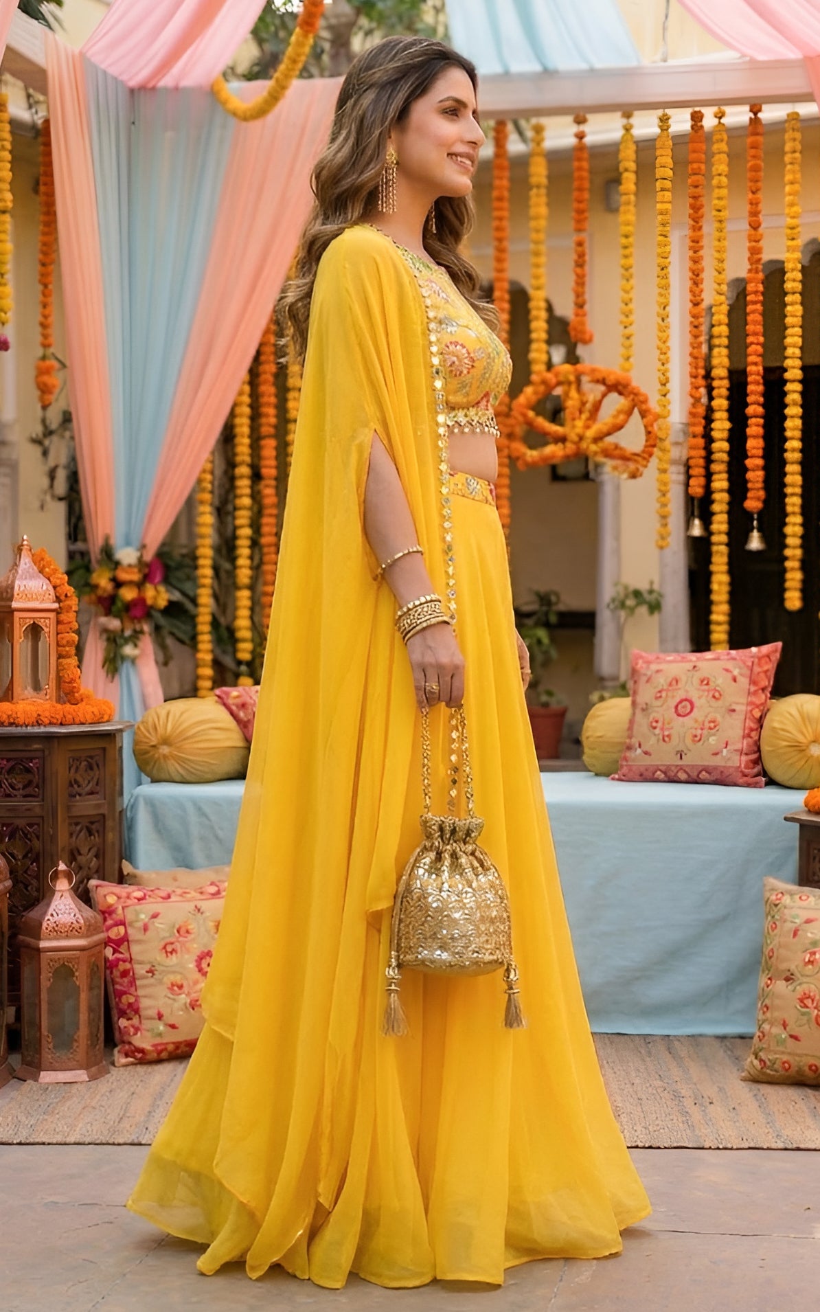 Yellow Embroidered Crop Top Sharara and Cape Set