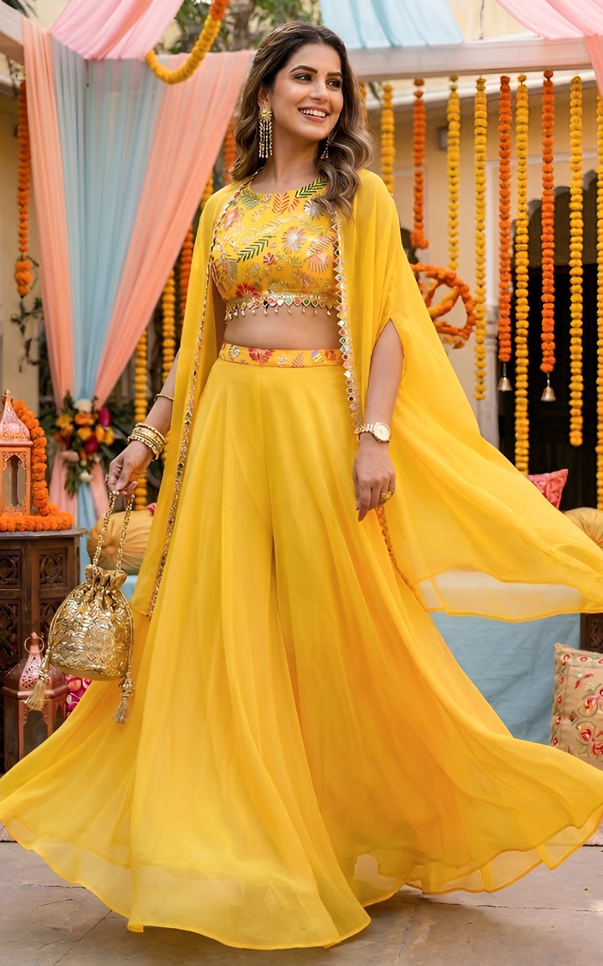 Yellow Embroidered Crop Top Sharara and Cape Set