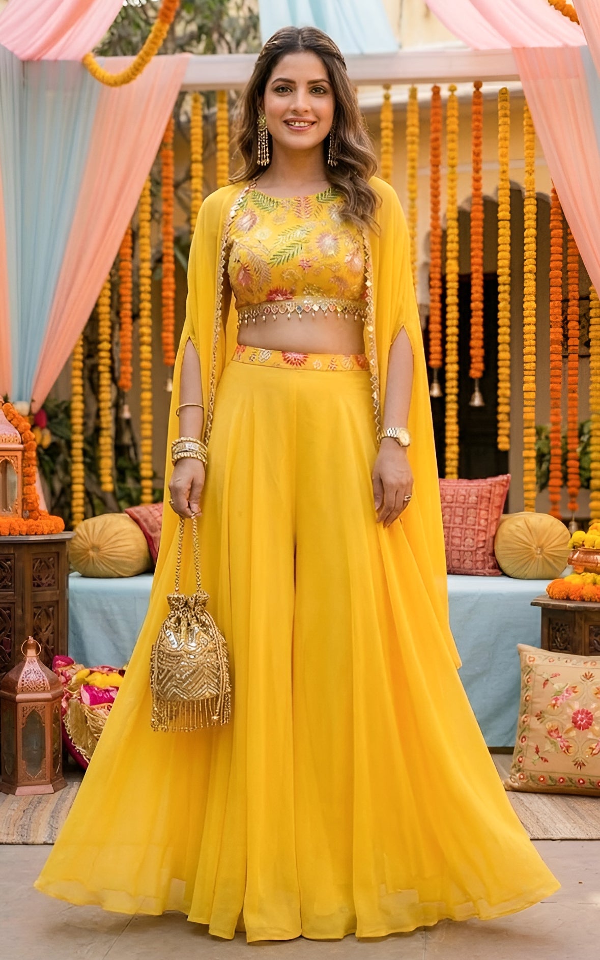 トップス KAWARA Yellow Embroidered Crop Top Sharara and Cape Set