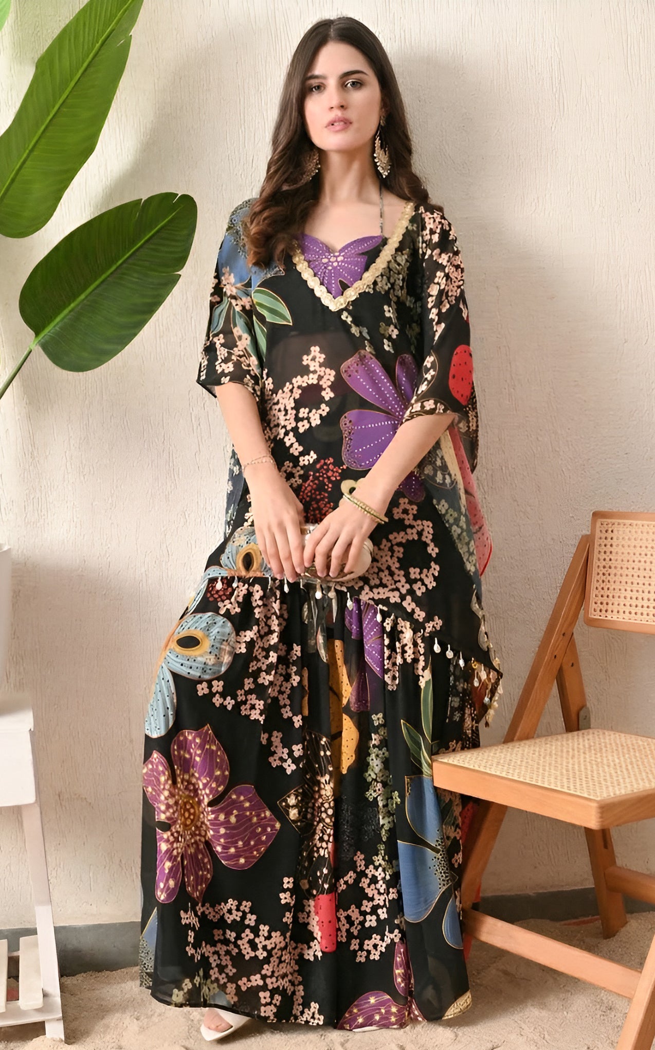 Black Floral Printed Crop Top Sharara Kaftan Set