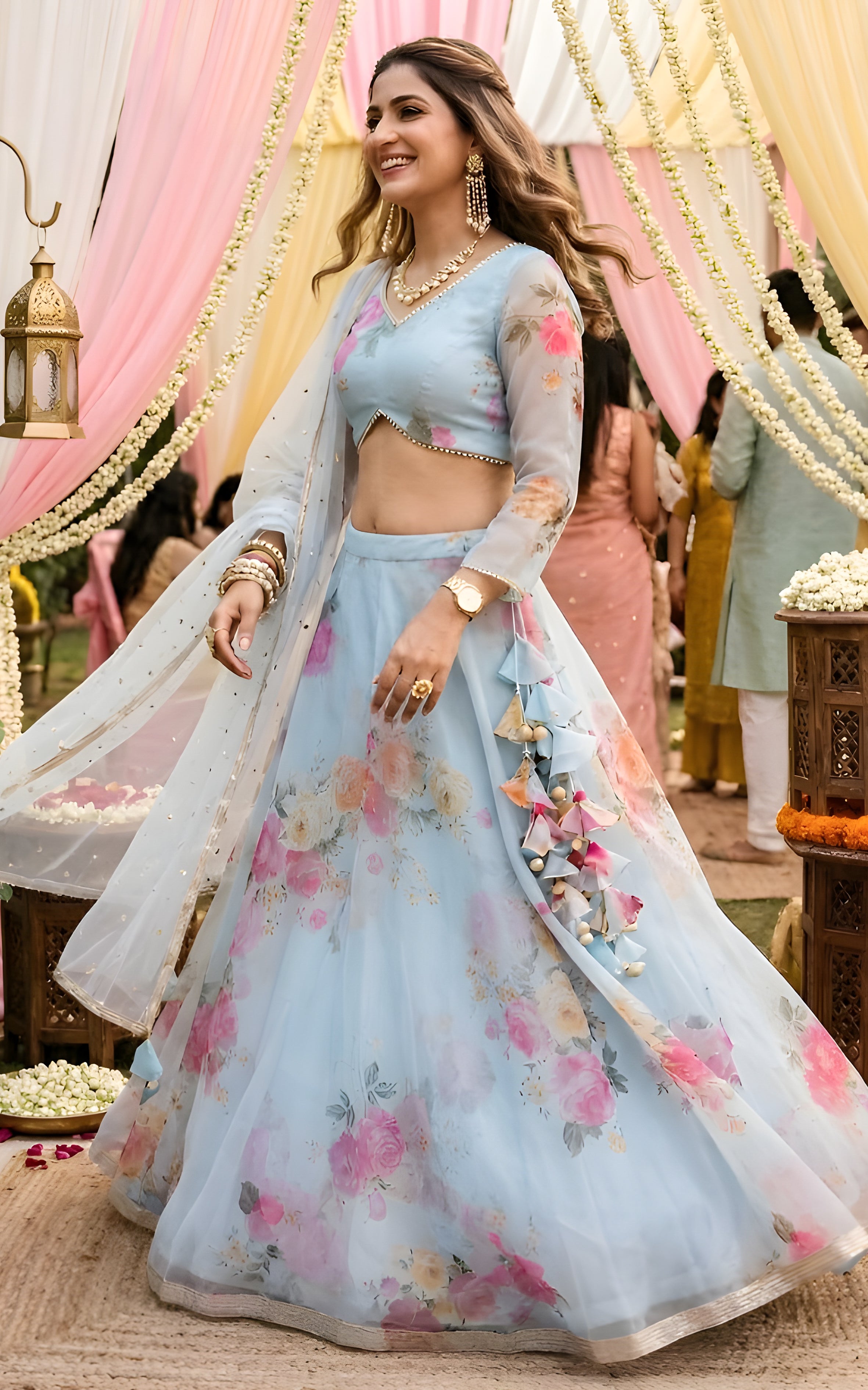 Sky Blue Floral Organza Lehenga