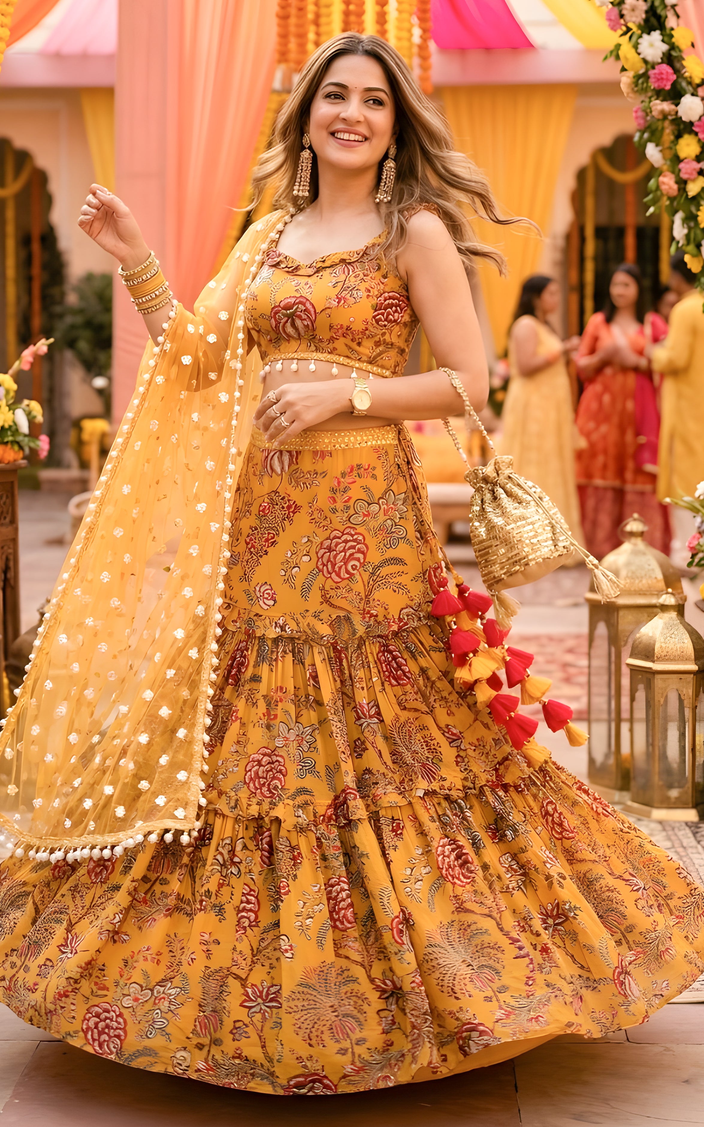Tropical Yellow Frilly Mirrorwork Georgette Lehenga