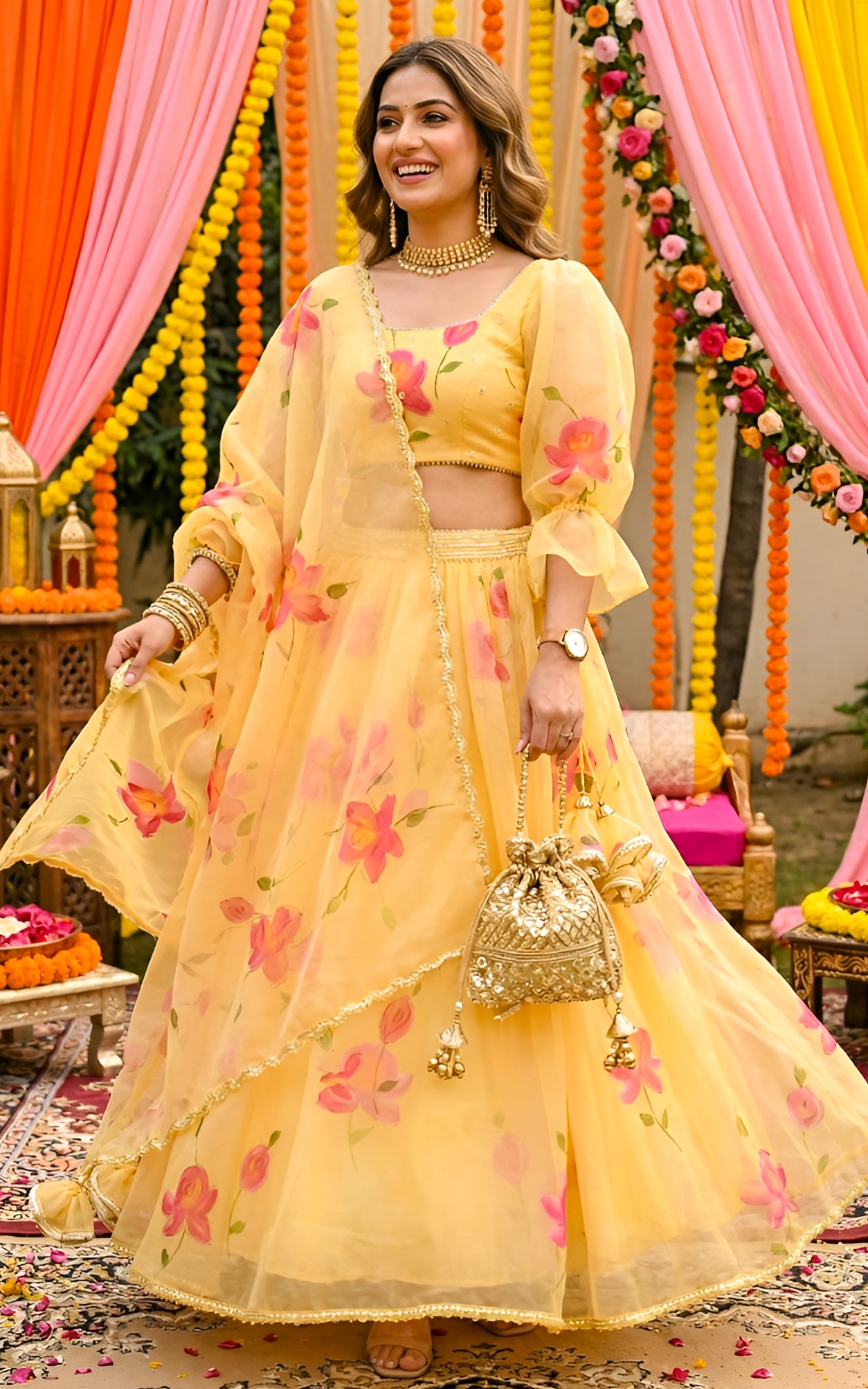 Yellow Handpainted Mirrorwork Organza Lehenga