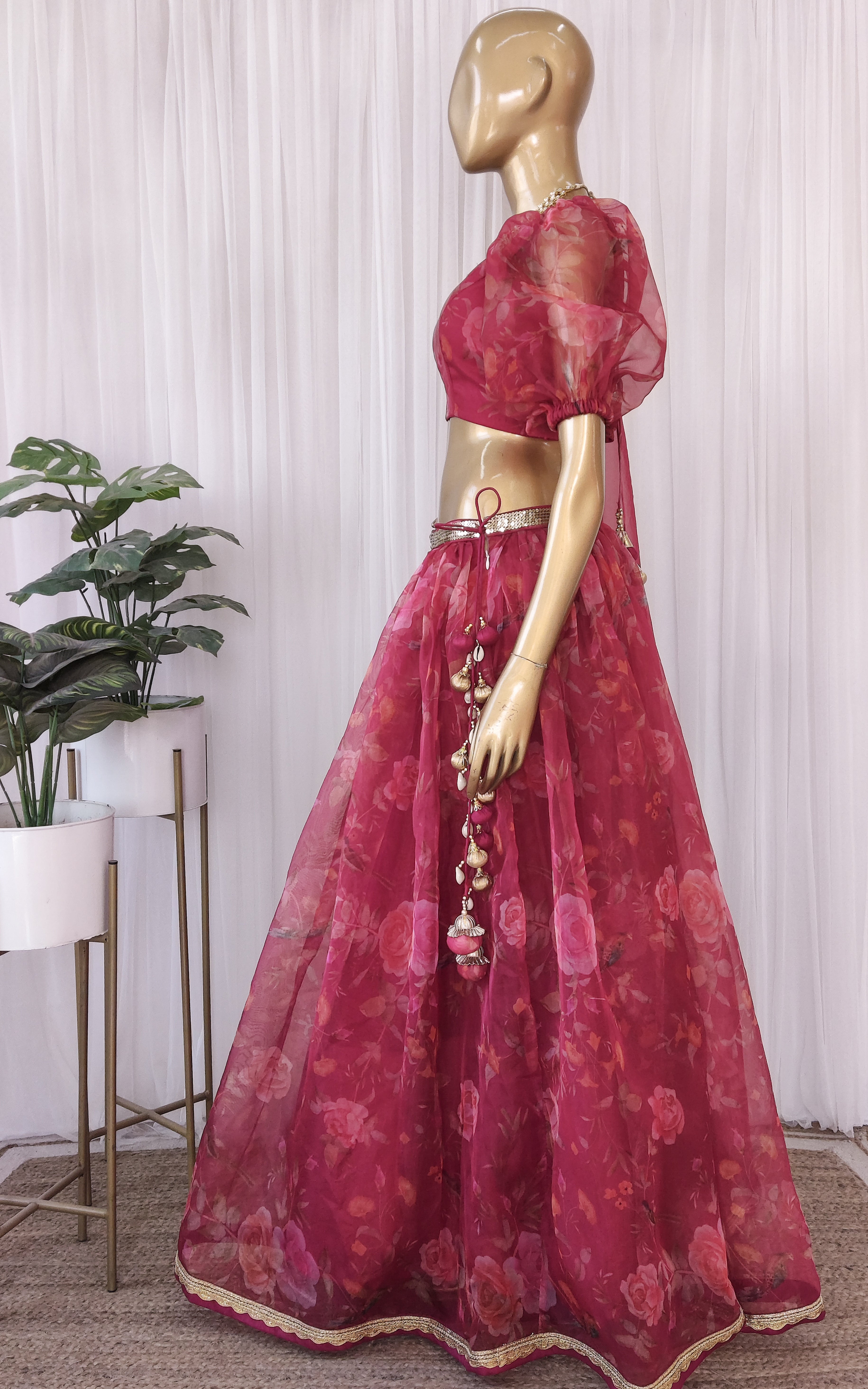 Wine Birdsong Organza Sequin-work Lehenga