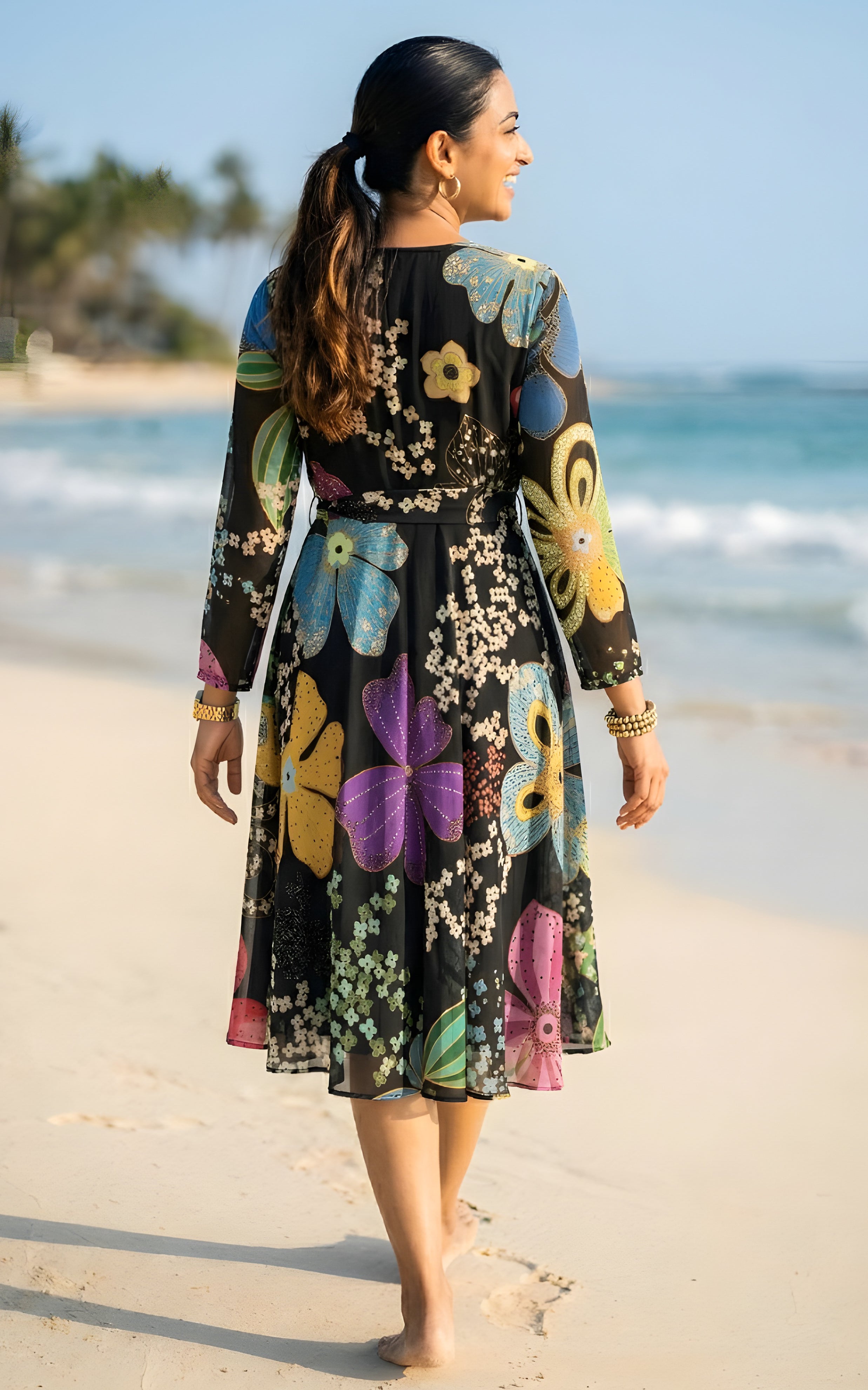 Black Floral Printed Flared Georgette Dress