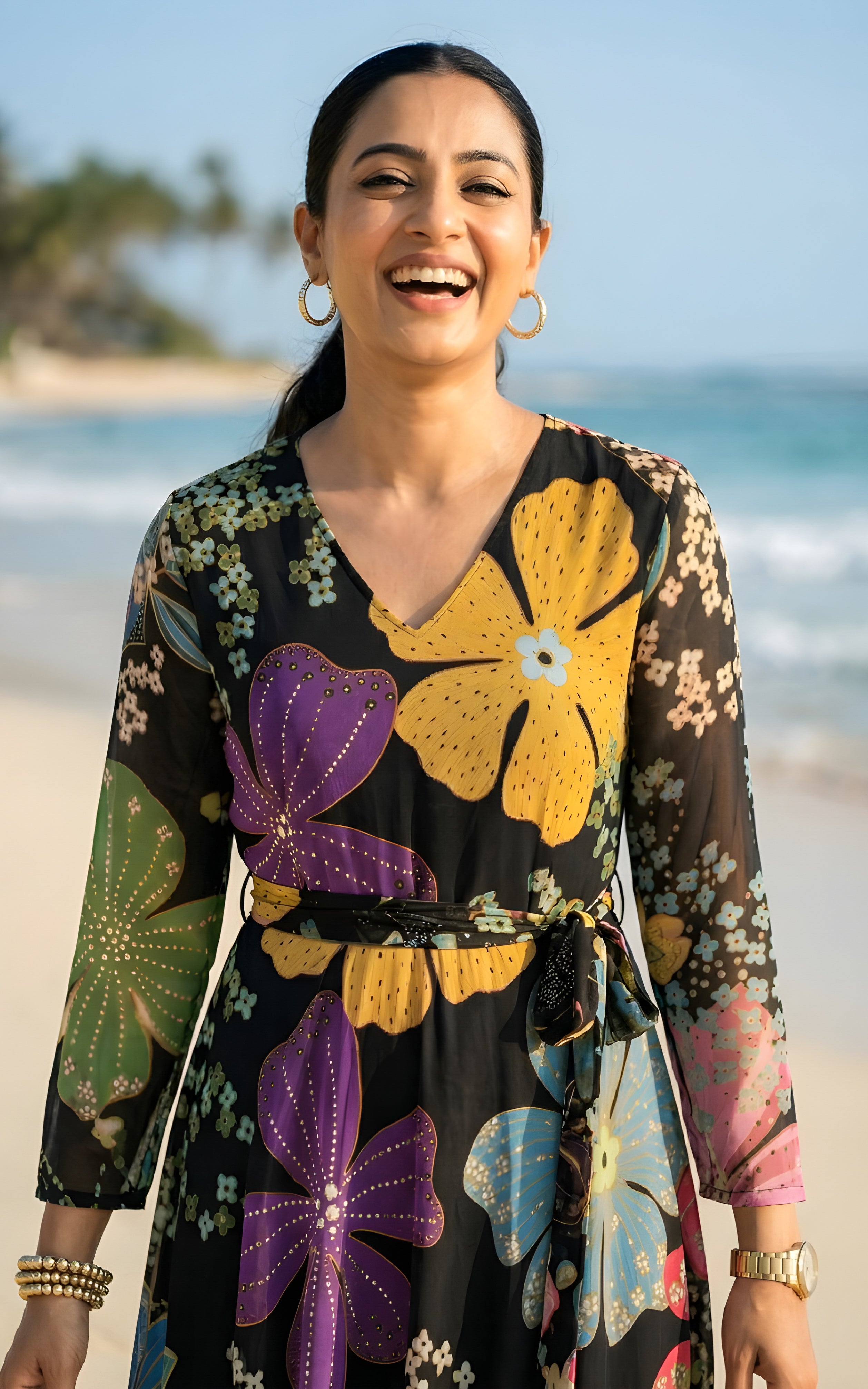 Black Floral Printed Flared Georgette Dress