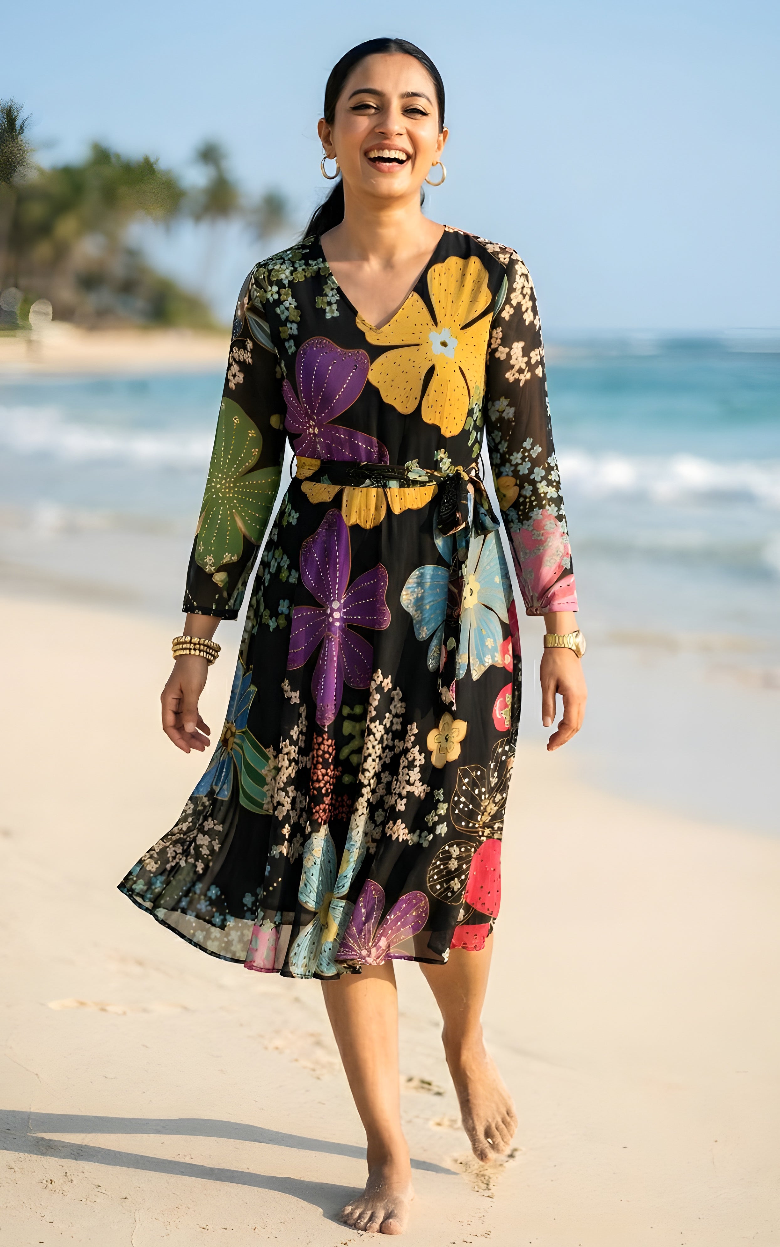 Black Floral Printed Flared Georgette Dress