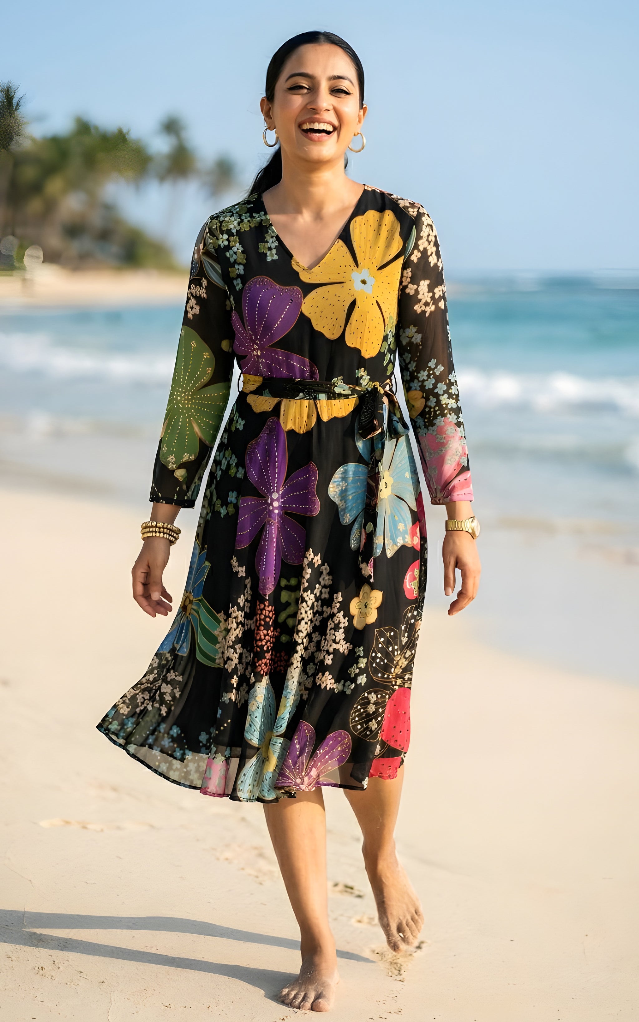 Black Floral Printed Flared Georgette Dress