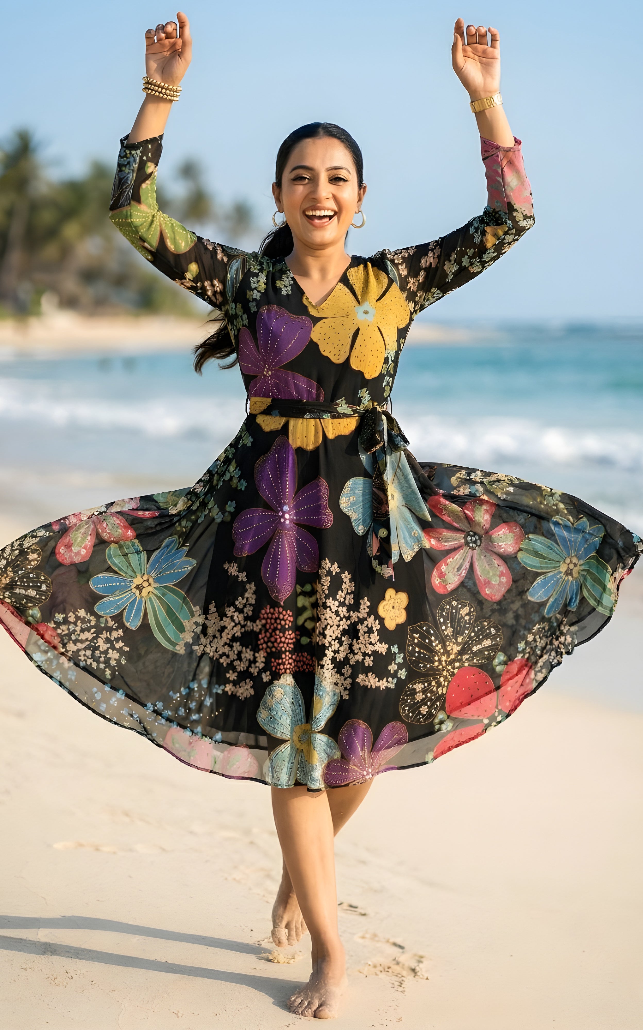 Black Floral Printed Flared Georgette Dress