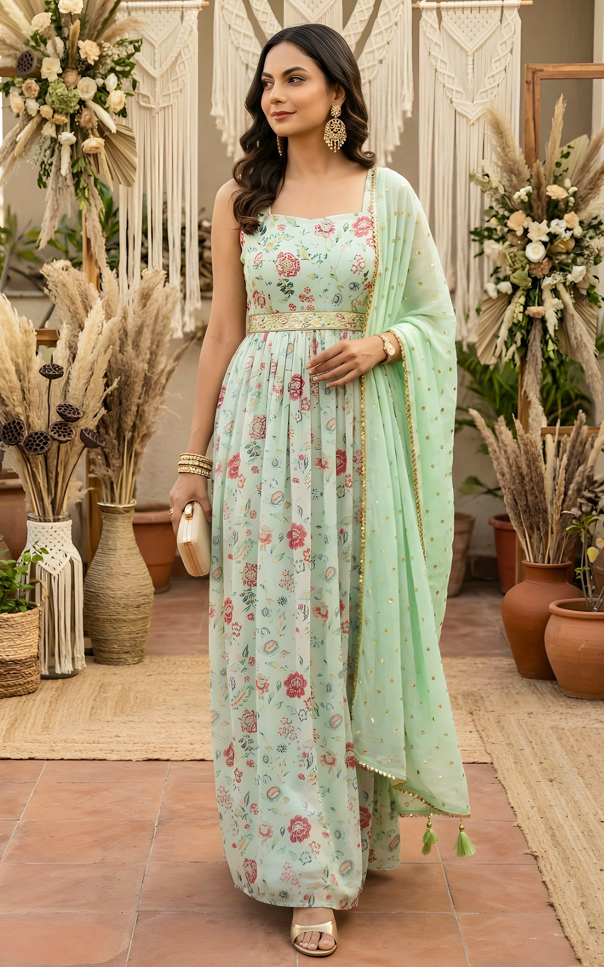 Sage Green Handwork Printed Georgette Anarkali with Embellished Belt