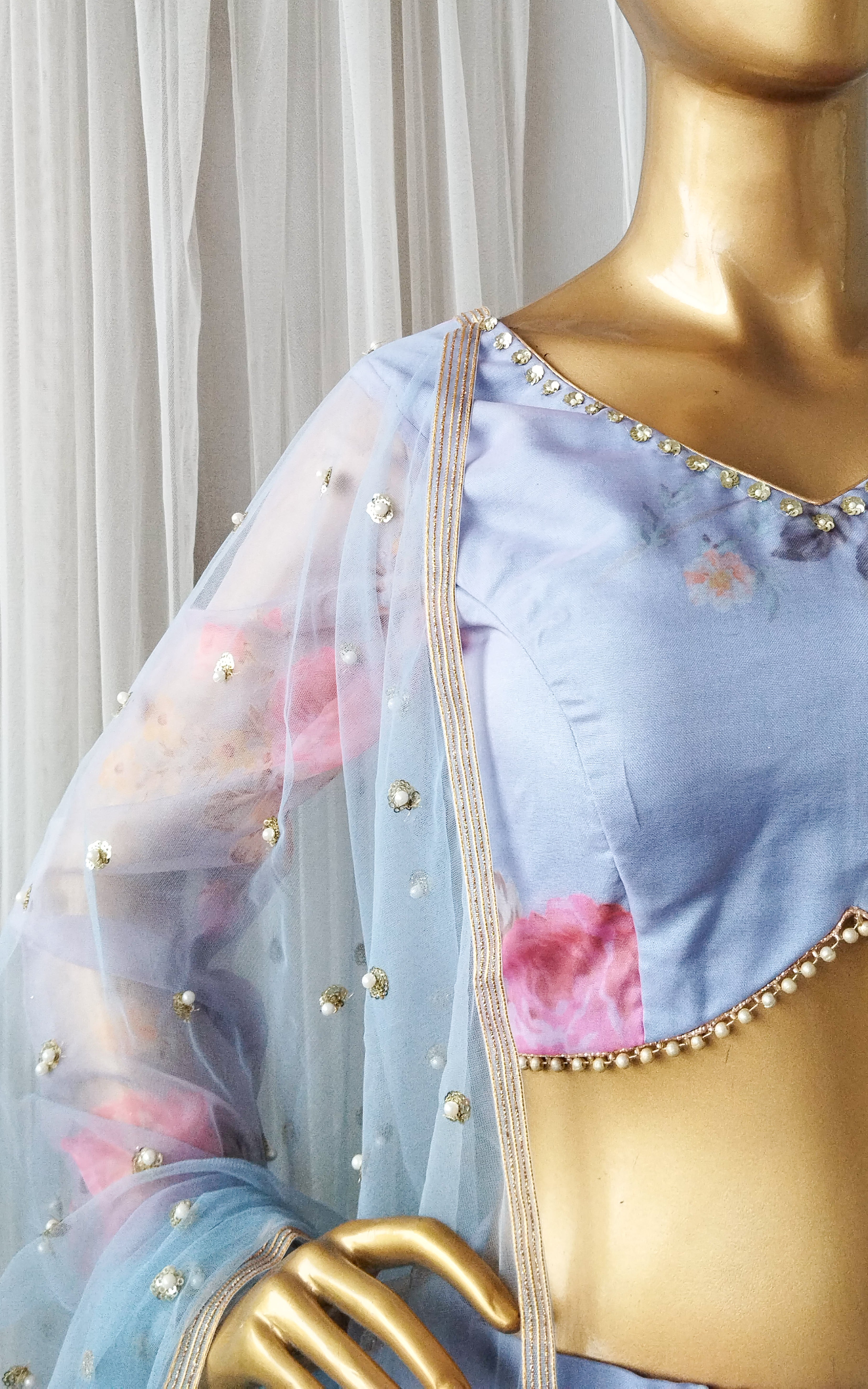 Sky Blue Floral Organza Lehenga