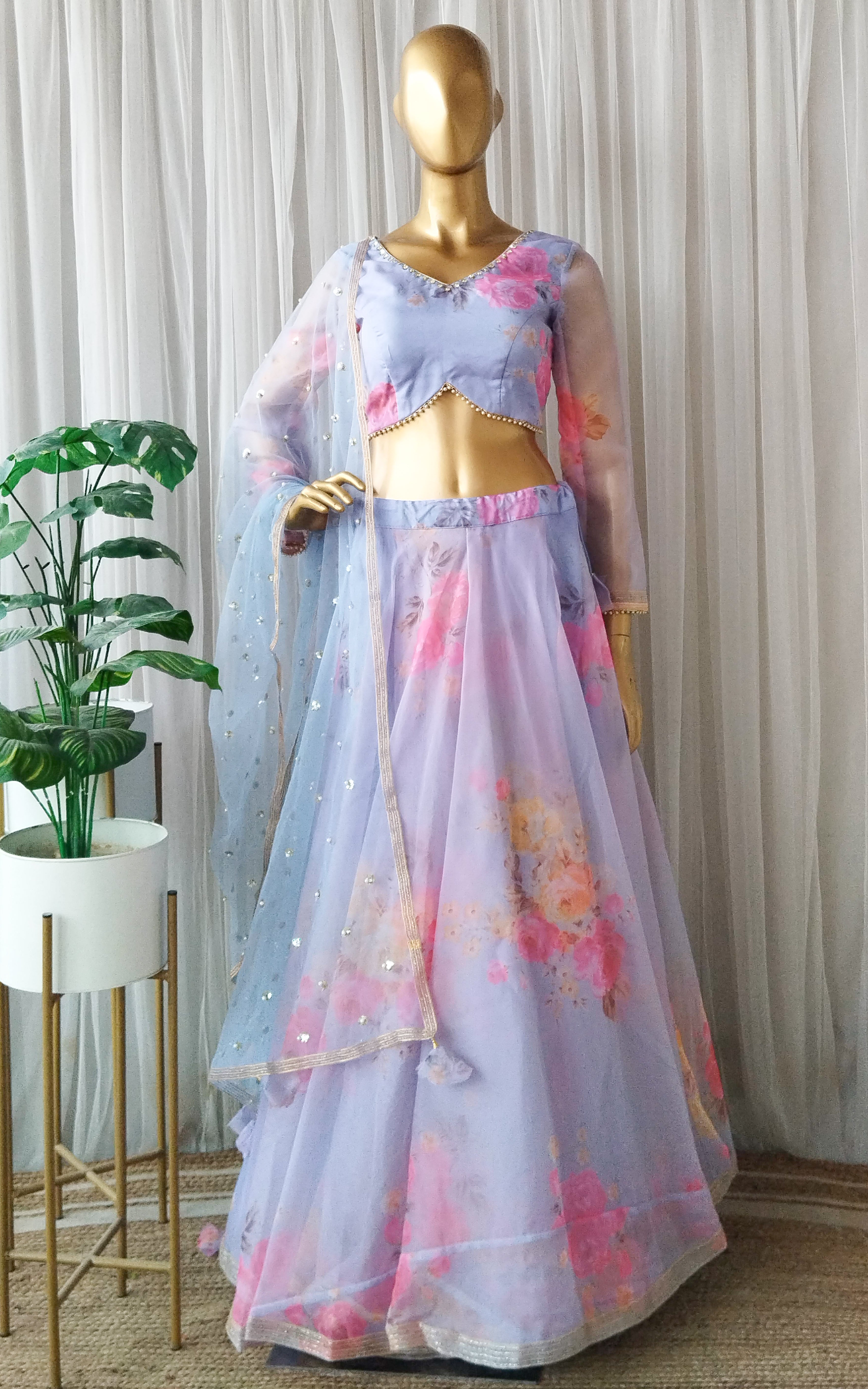 Sky Blue Floral Organza Lehenga