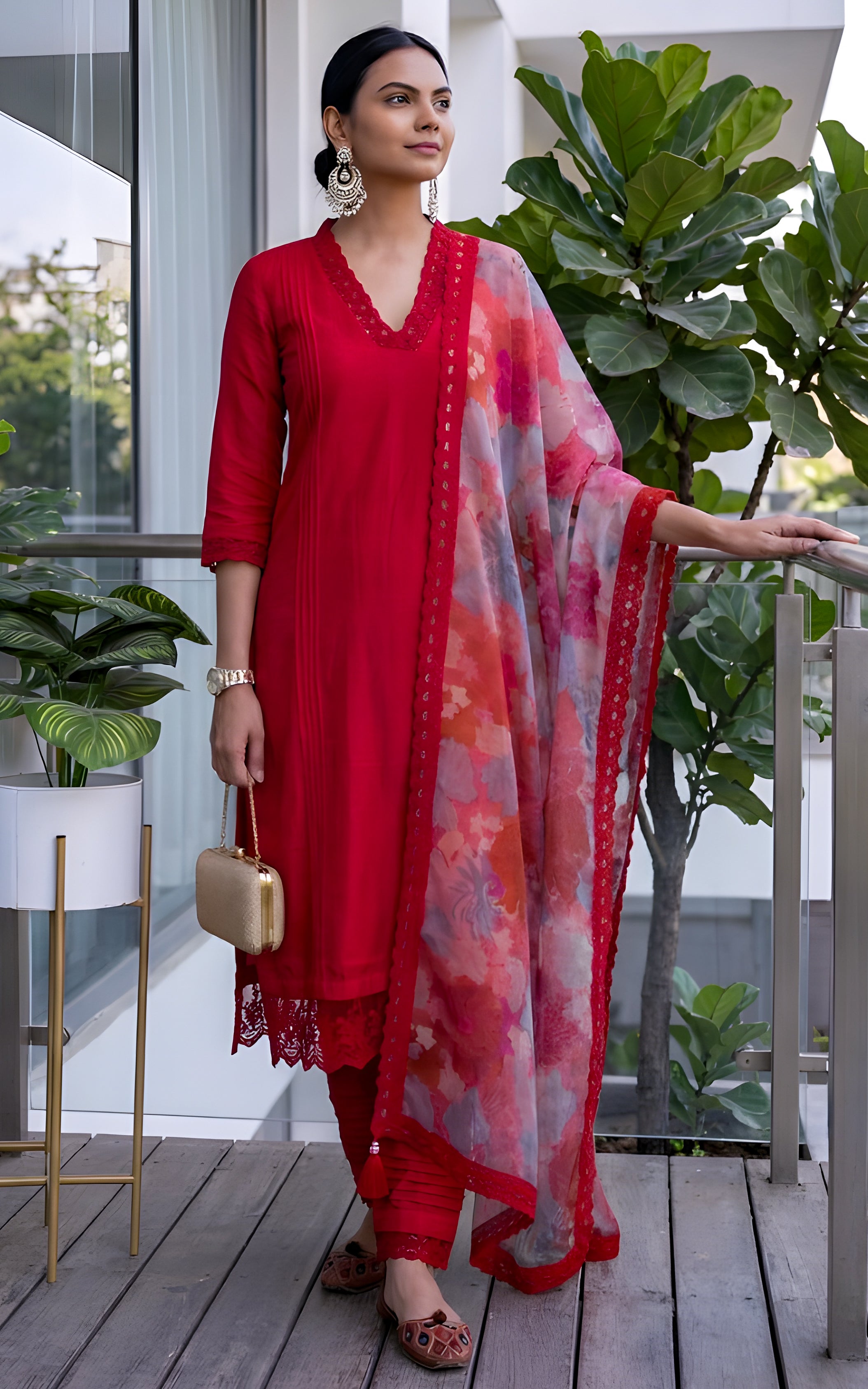 Red Kurta Pant Set with Floral Organza Dupatta