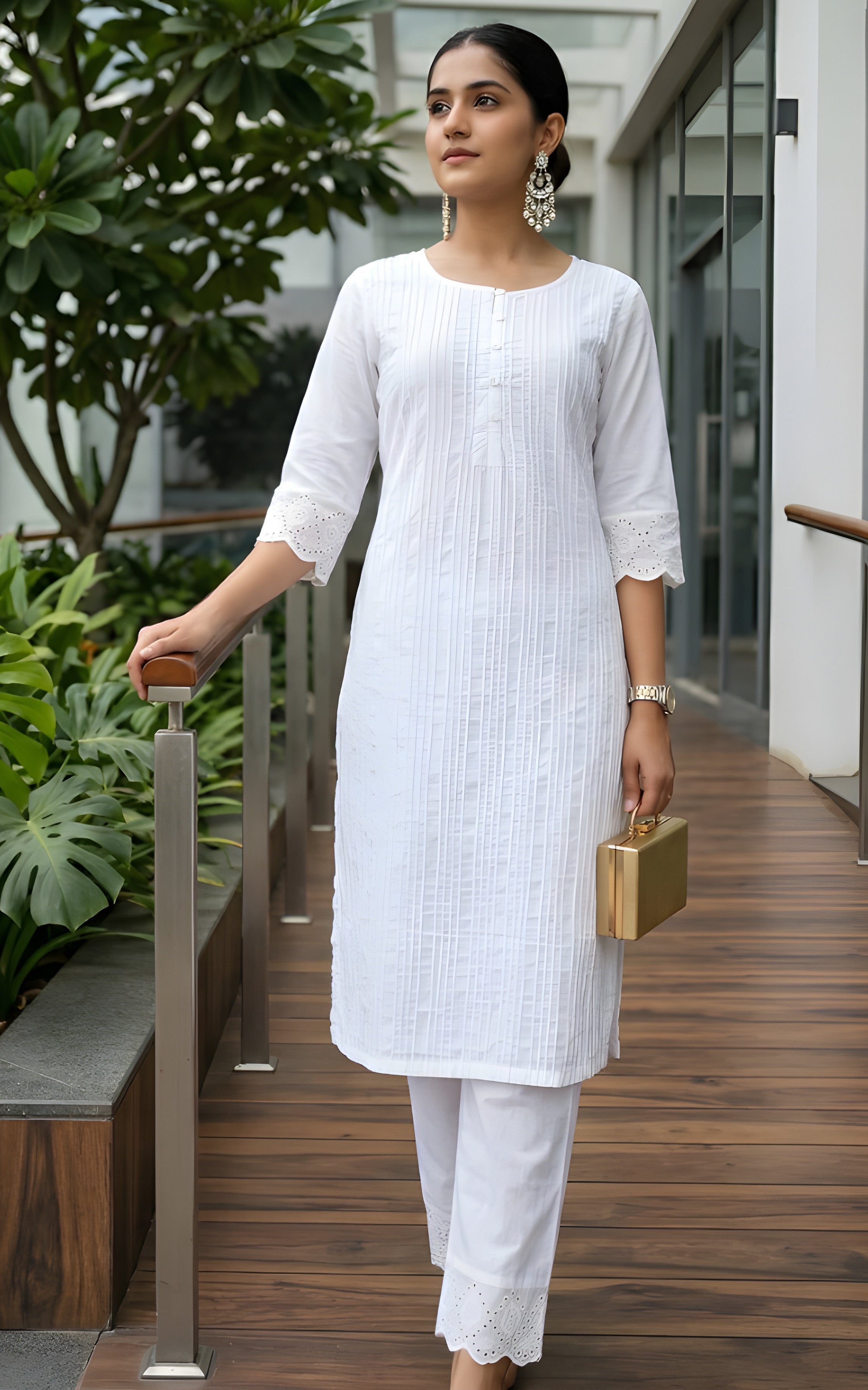 White Cotton Pintucks Kurta and Pant Set
