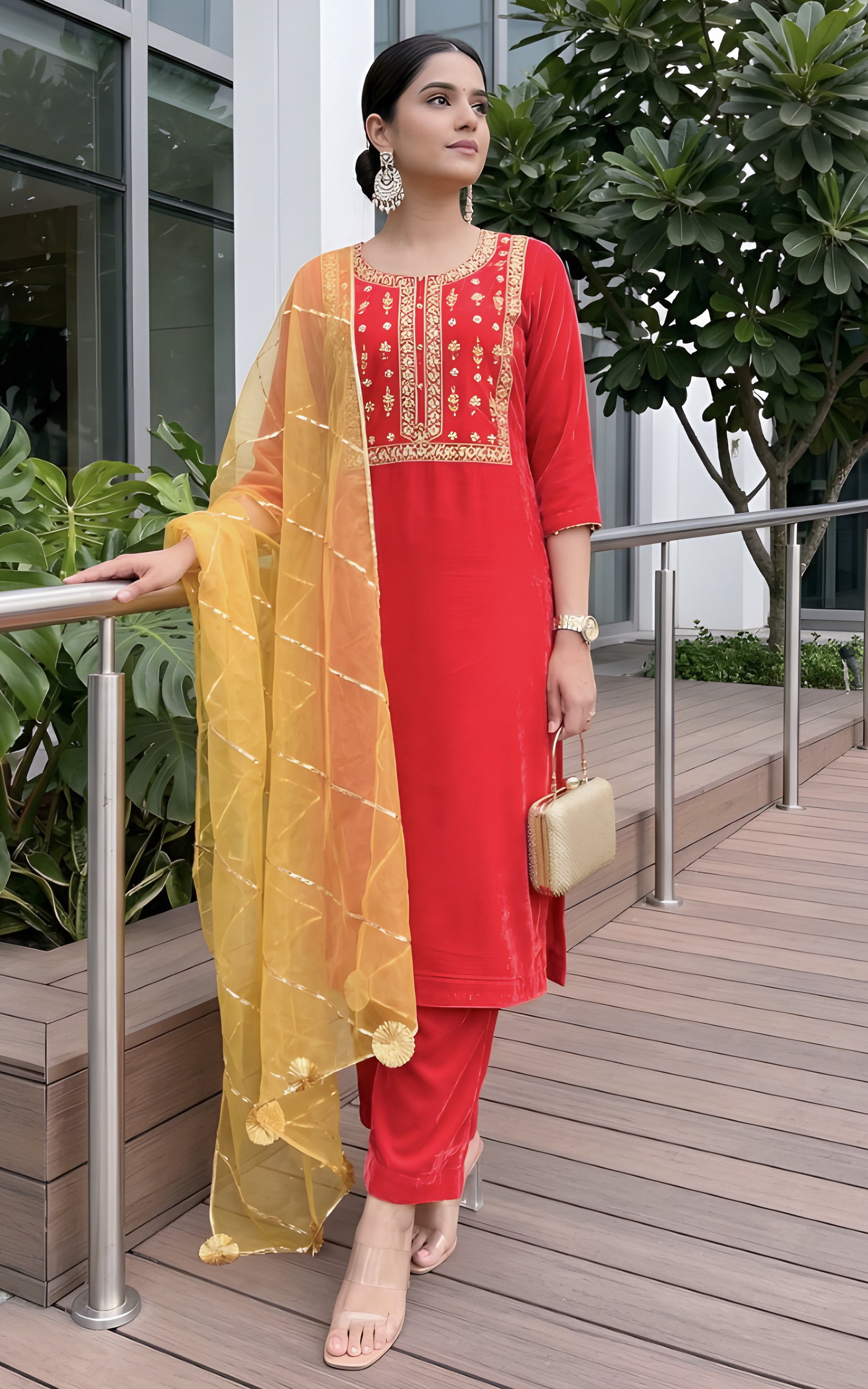 Coral Velvet Gota Patti Suit