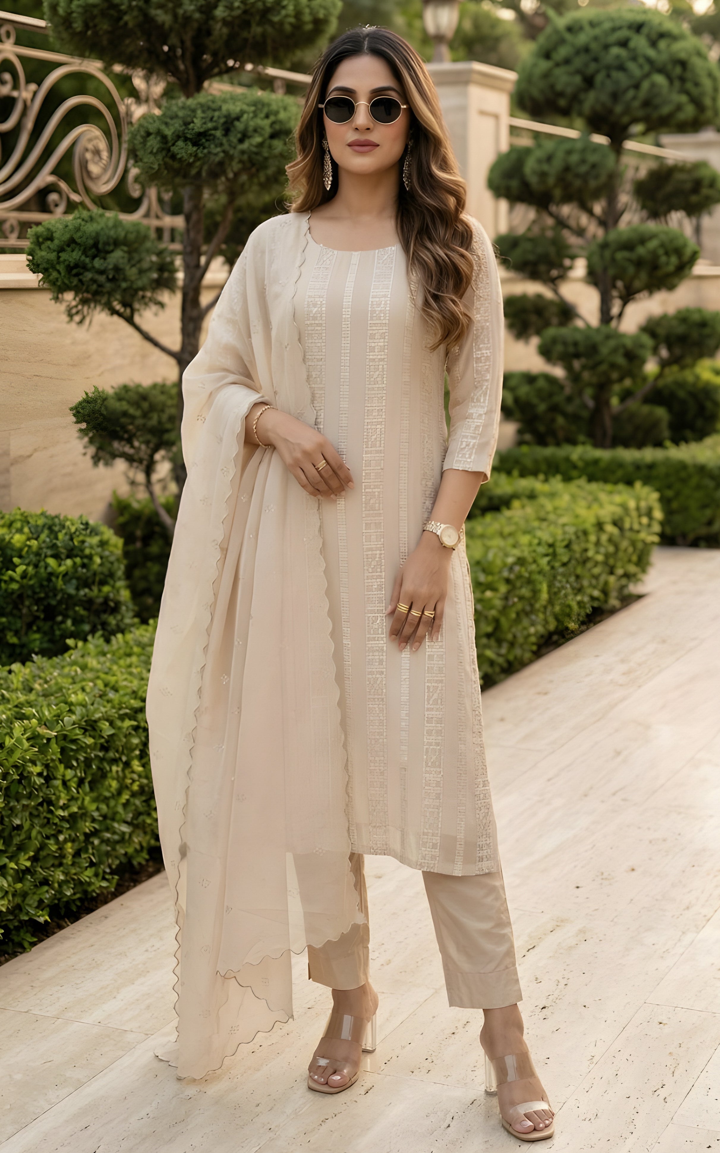 Cream Kurta Pant Set with Organza Dupatta