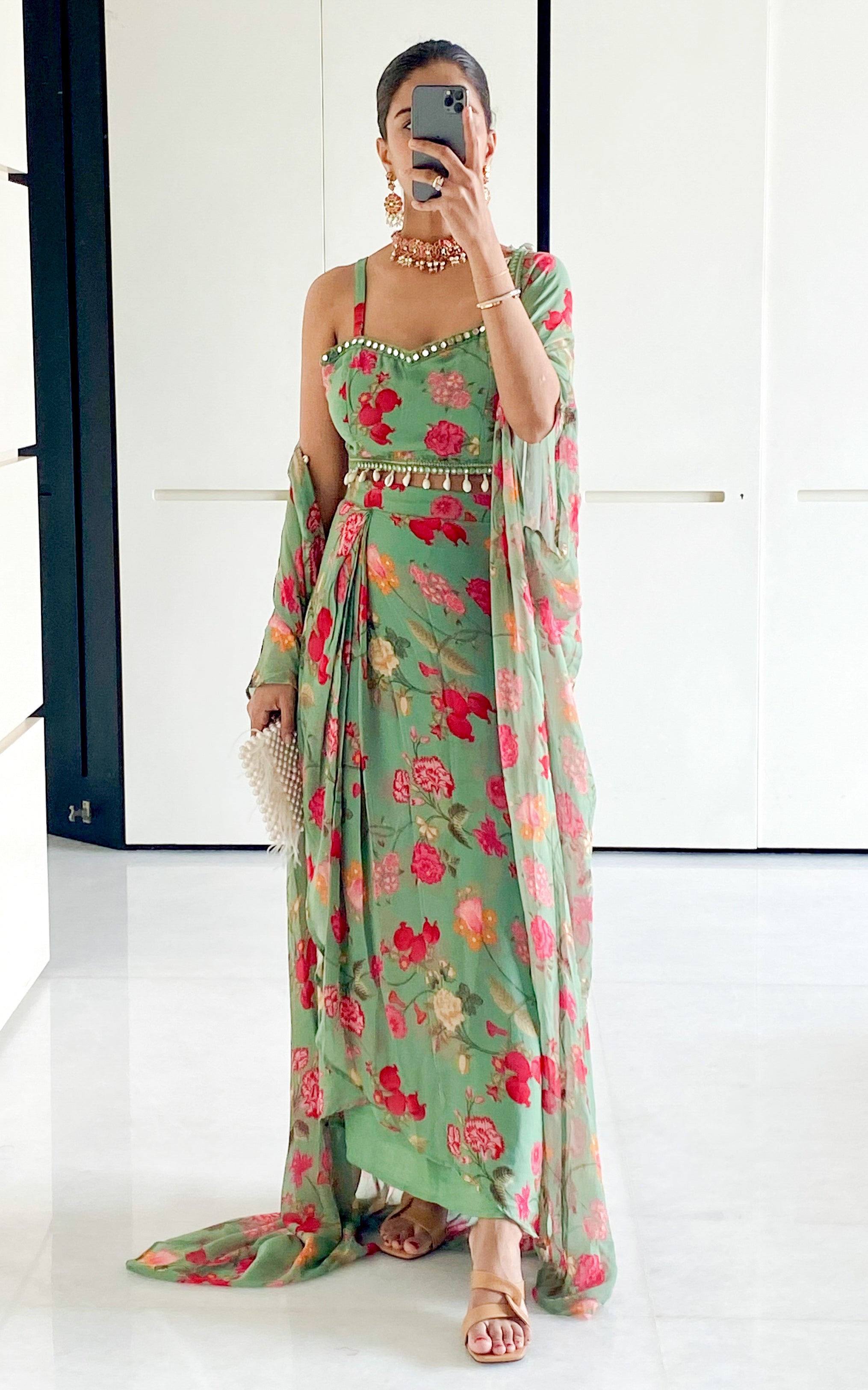 Sonal Forest Green Georgette Crop Top & Draped Skirt Co-ord Set