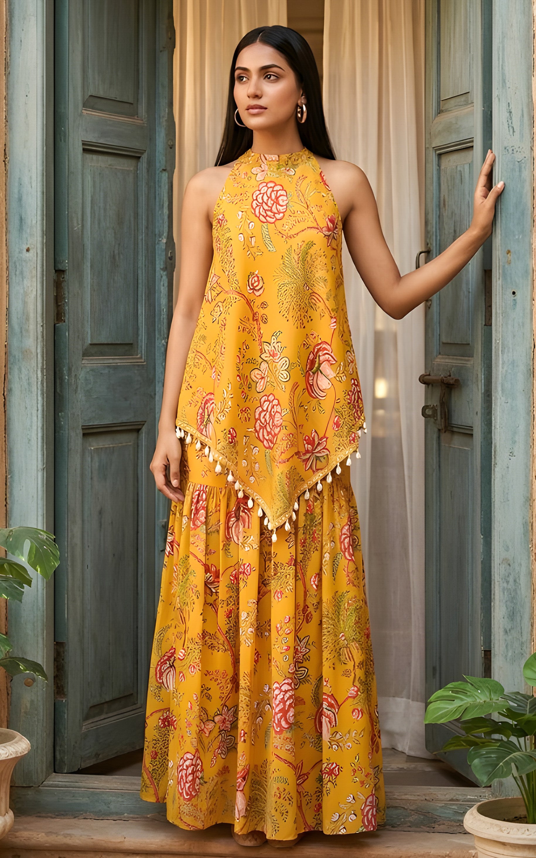 Mustard Floral Tunic & Sharara Co-ord Set