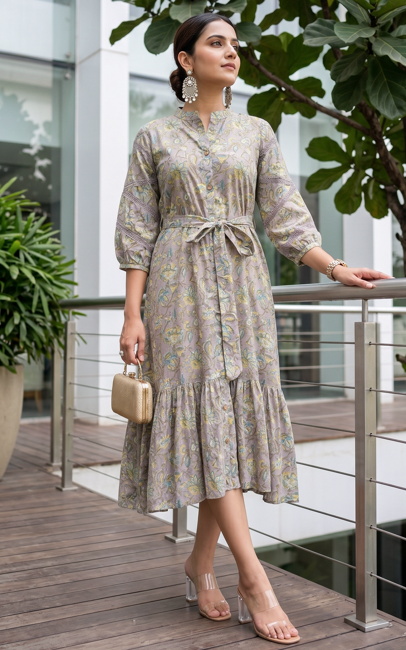Mauve Block Print Midi Dress