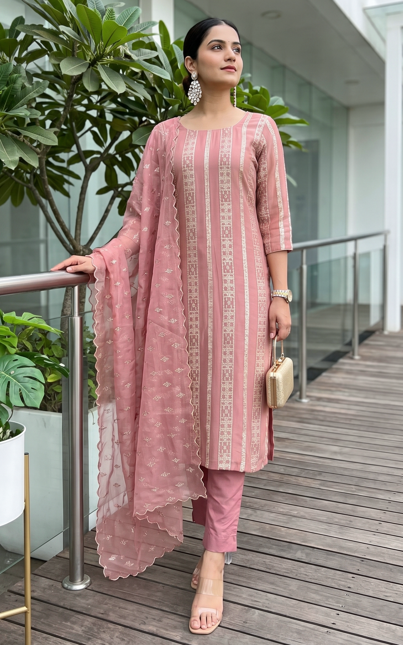 Onion Pink Kurta Pant Set with Organza Dupatta