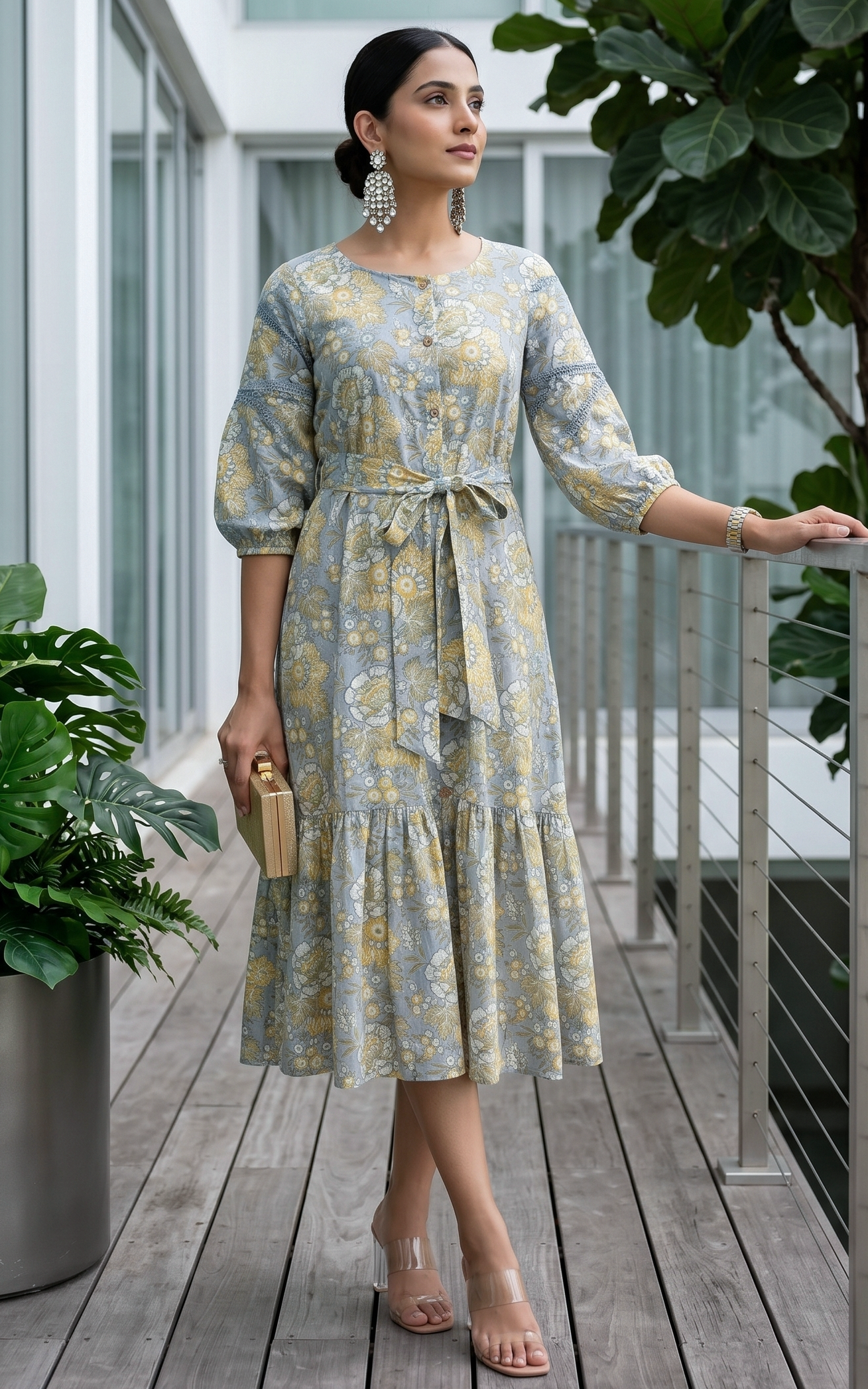 Grey Yellow Floral Print Midi Dress
