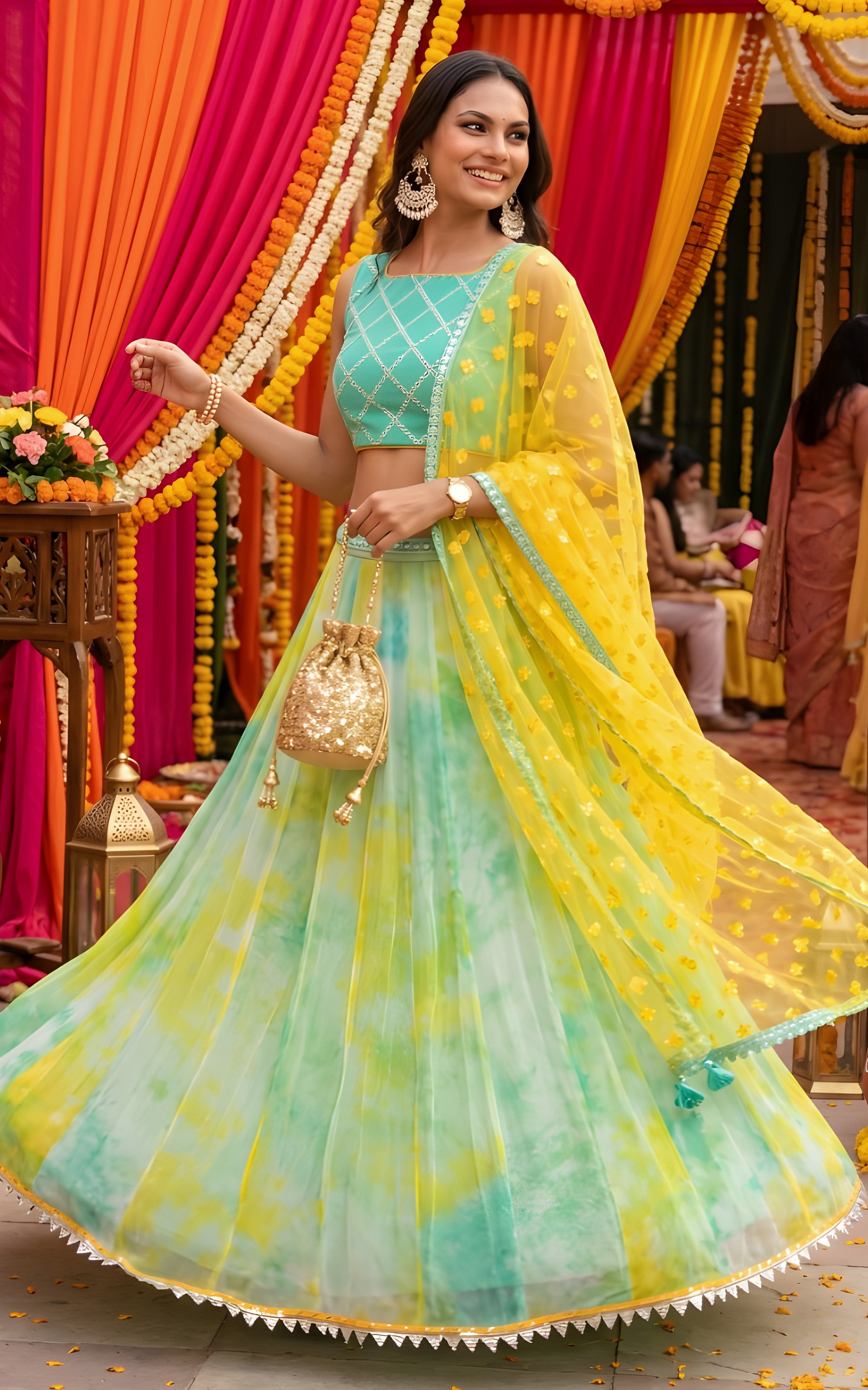 Mint Blue Shibori Georgette Lehenga with Mirrorwork Dupatta