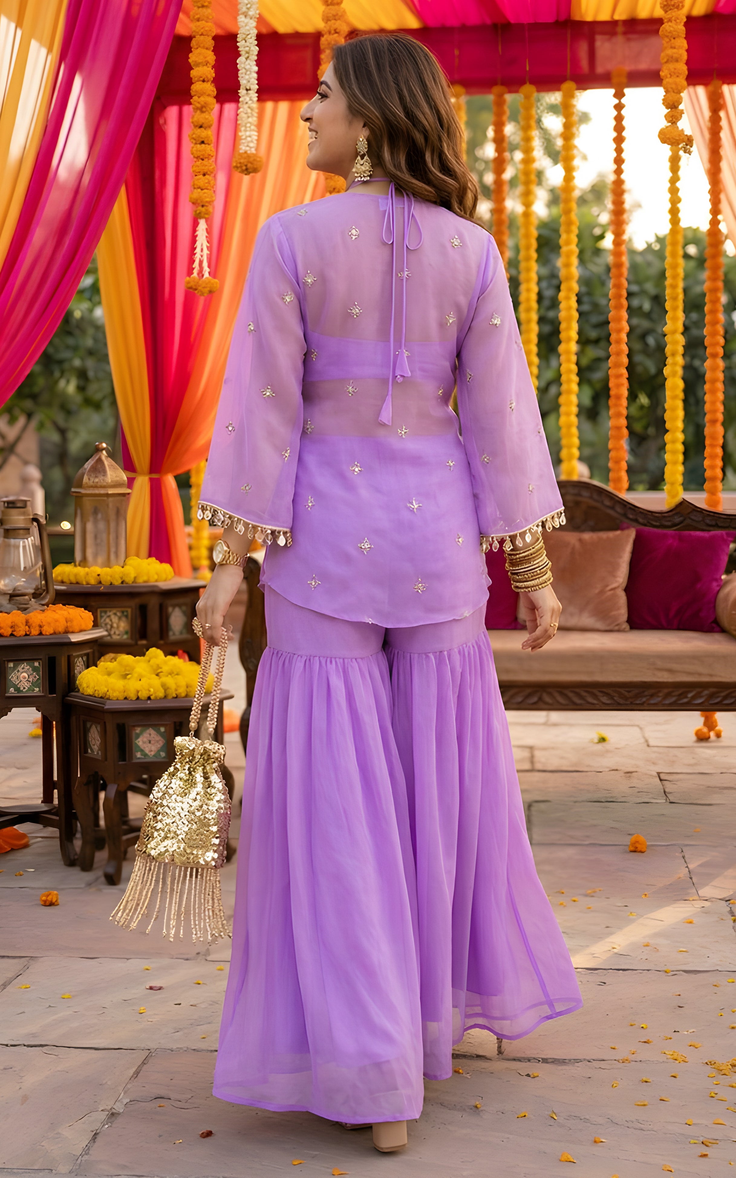 Lilac Mirrorwork Kurta Croptop Sharara Co-ord Set