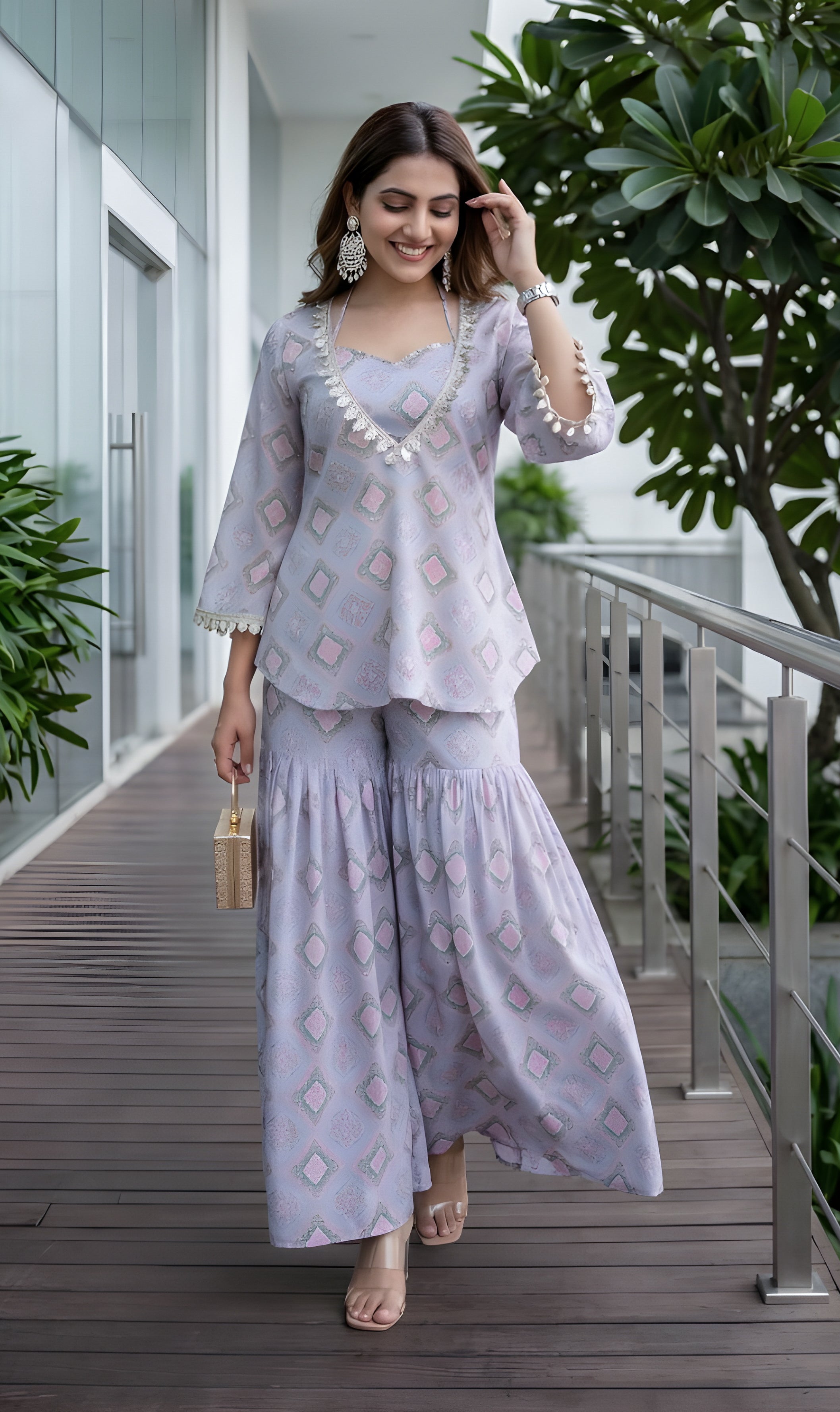 Cerulean Blue Geometric Print Kurta Cop-top and Sharara Set