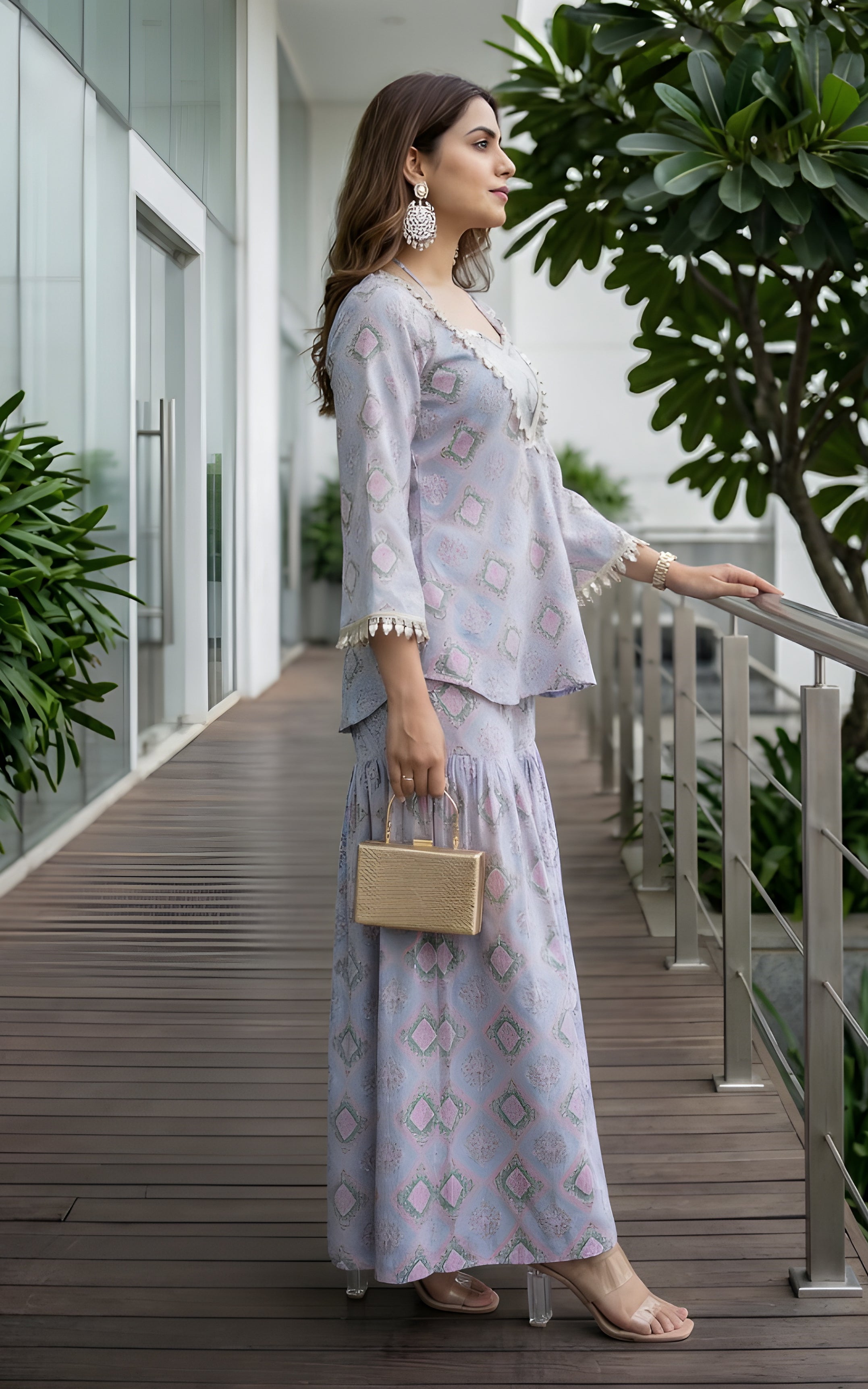 Cerulean Blue Geometric Print Kurta Cop-top and Sharara Set
