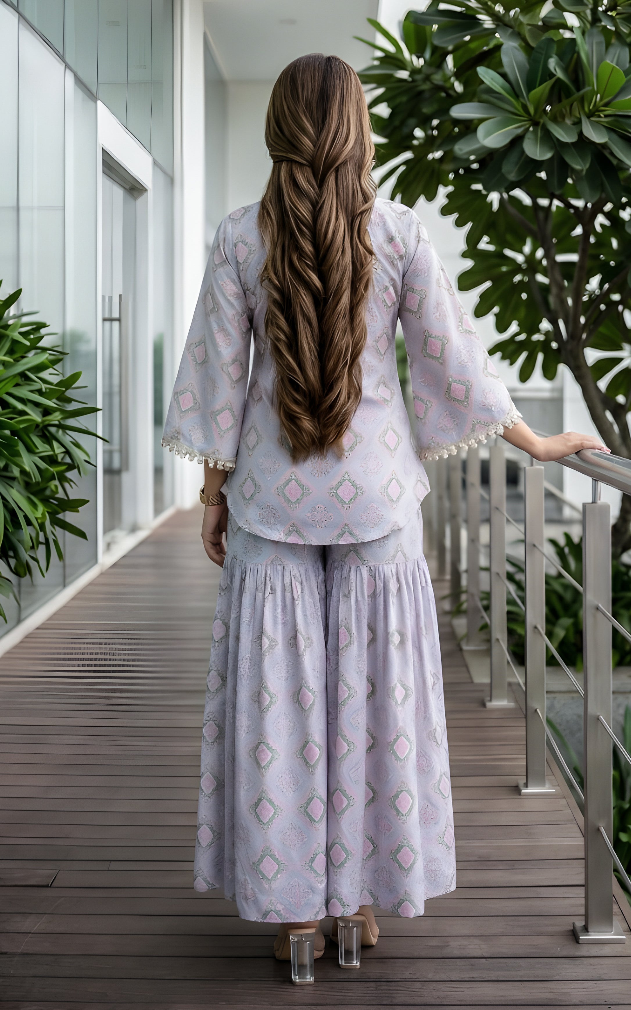 Cerulean Blue Geometric Print Kurta Cop-top and Sharara Set