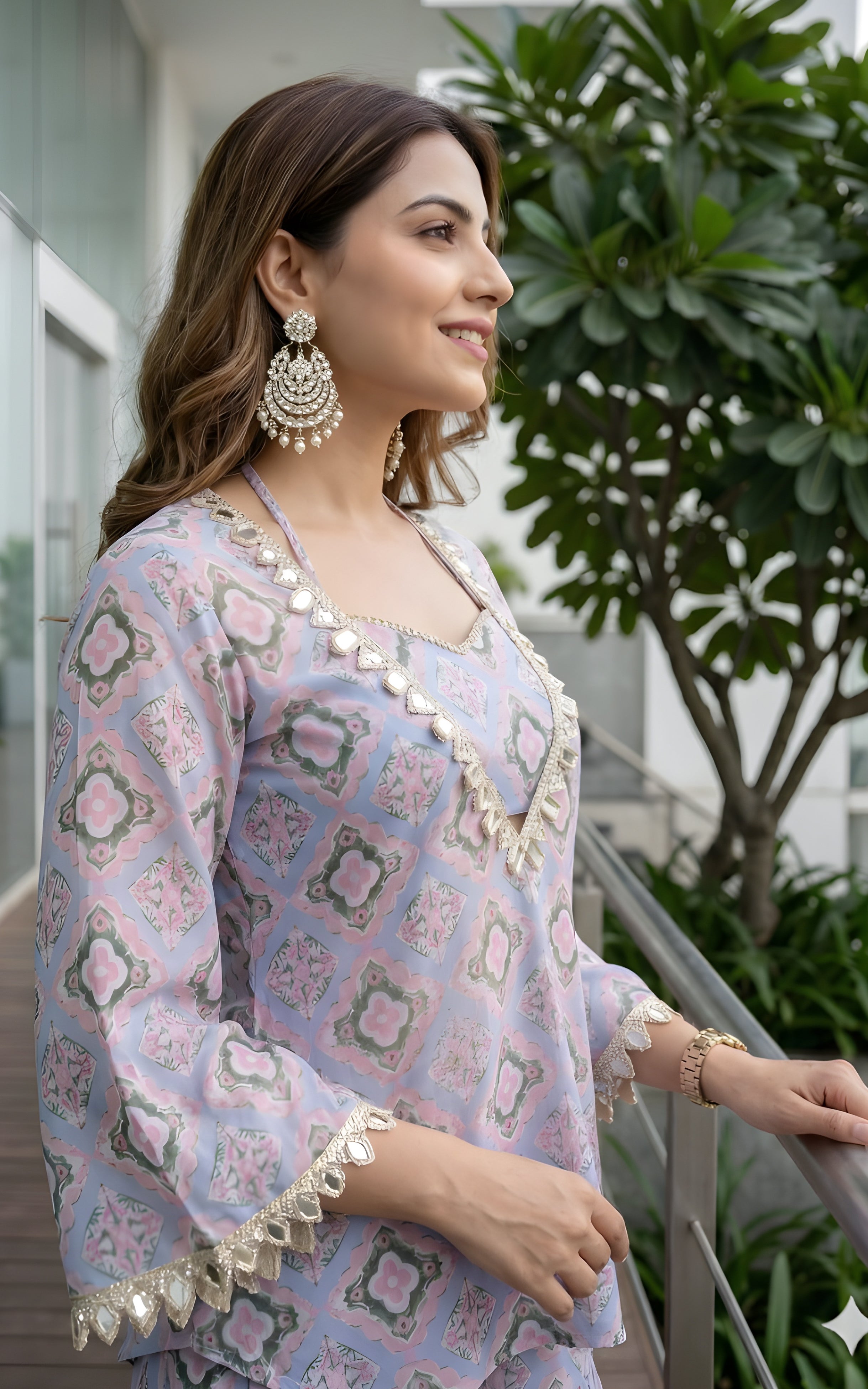 Cerulean Blue Geometric Print Kurta Cop-top and Sharara Set