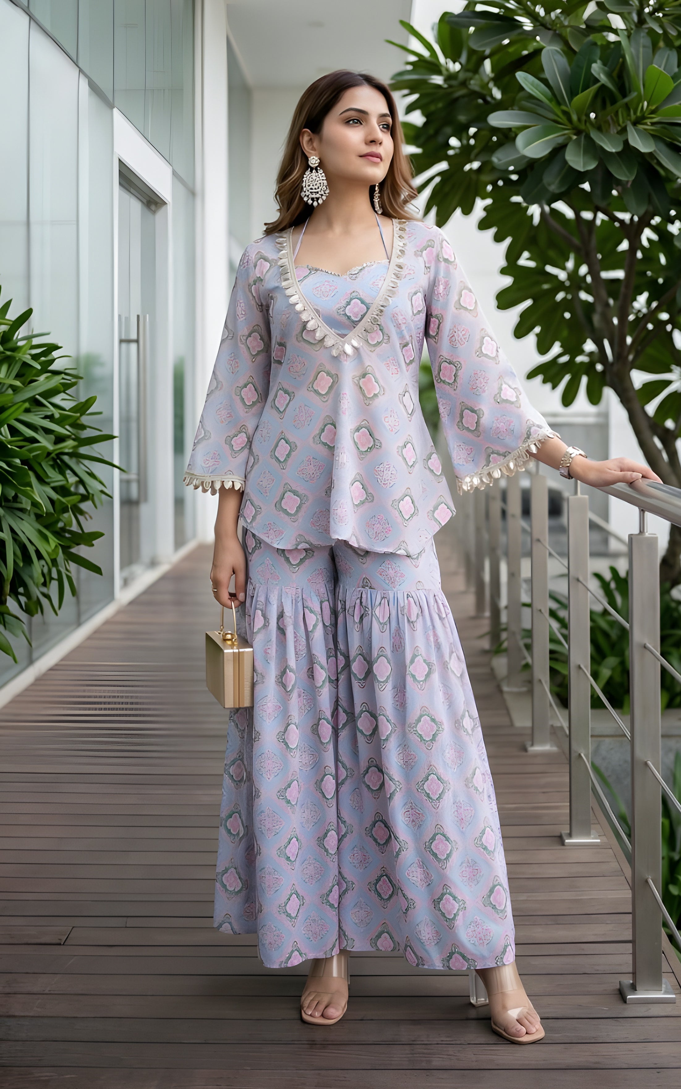 Cerulean Blue Geometric Print Kurta Cop-top and Sharara Set