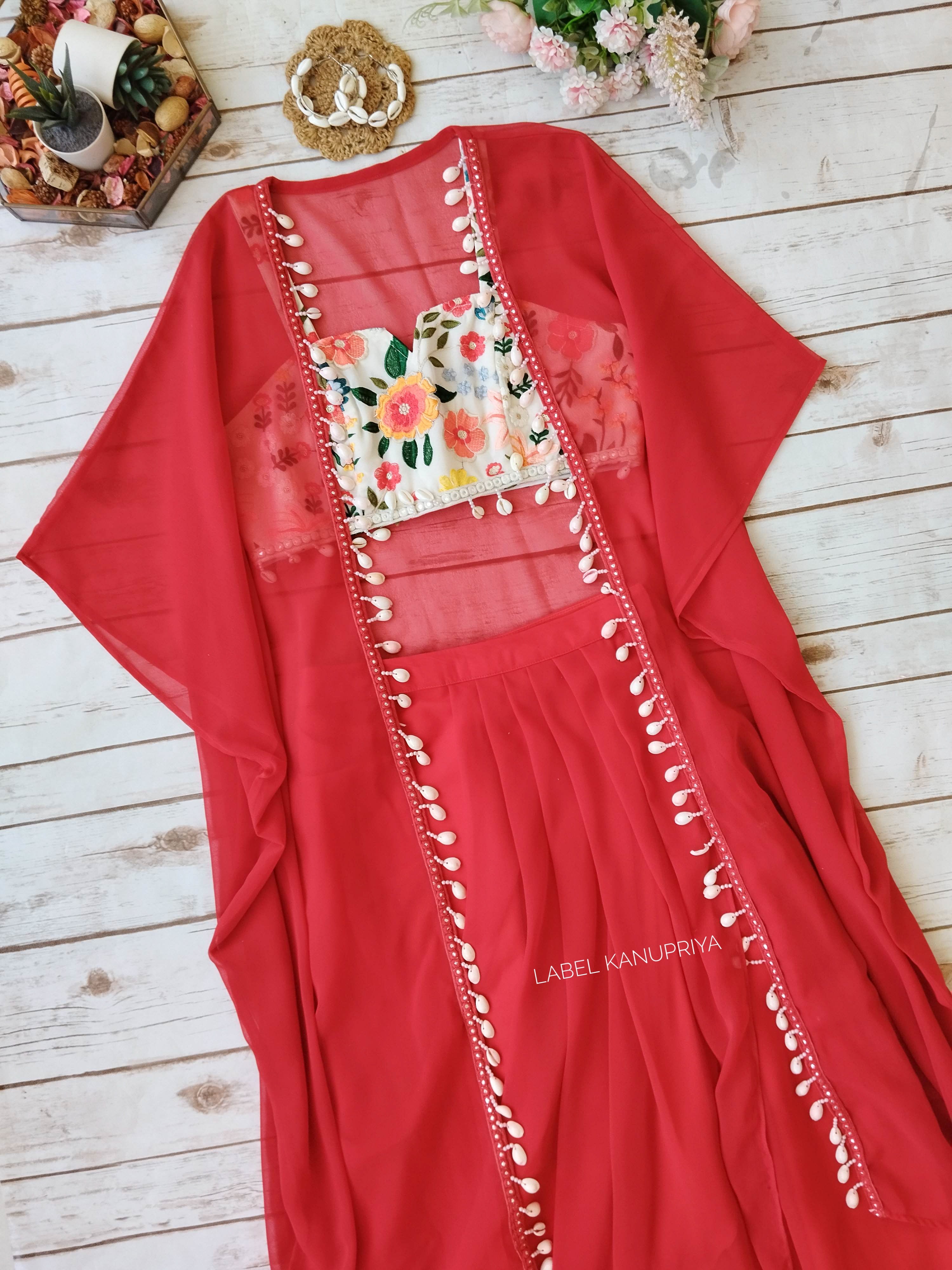 Red Draped Skirt and Cape Co-ord with Embroidered Crop top