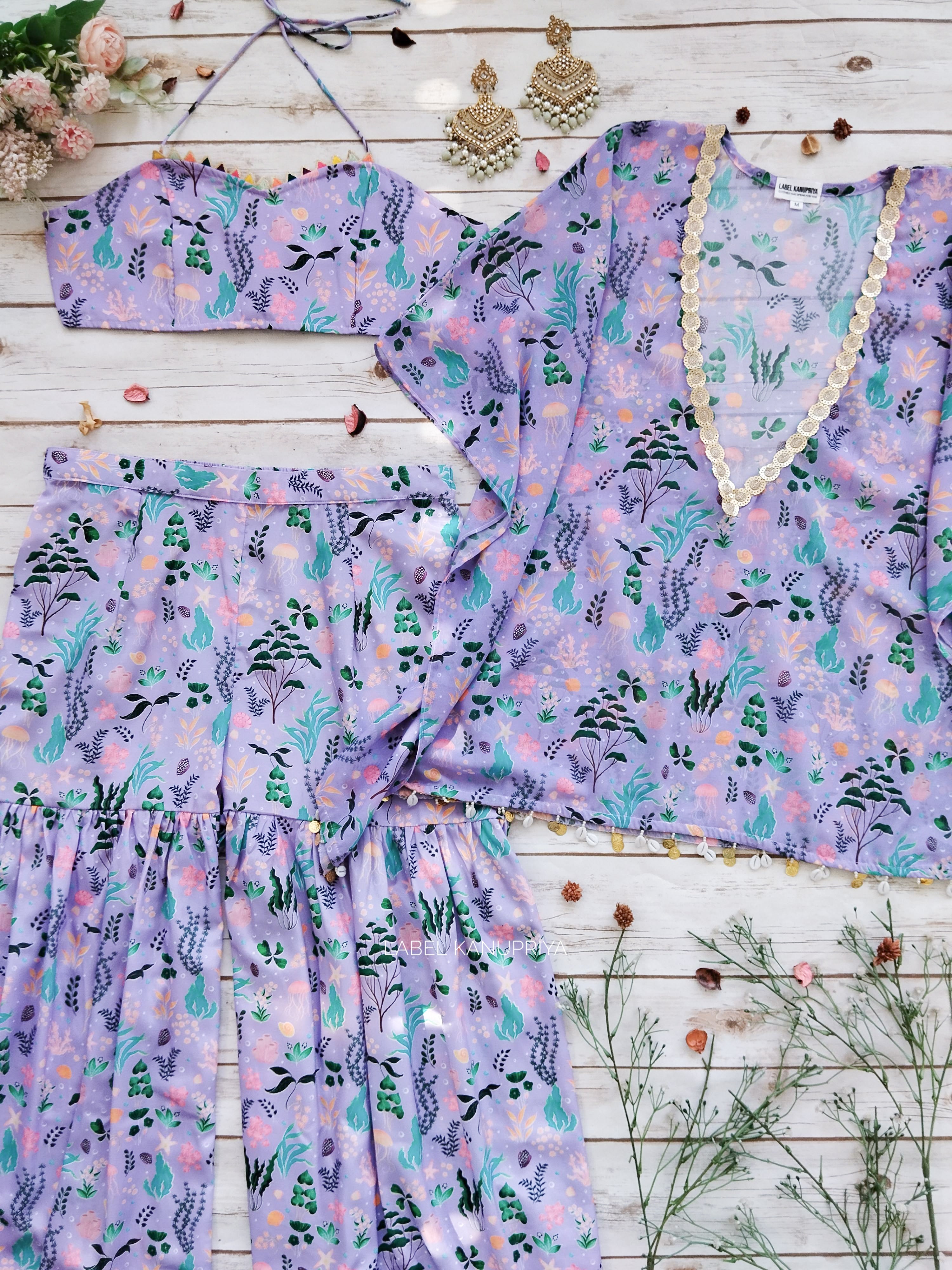 Lilac Aquatic Print Croptop and Sharara Set