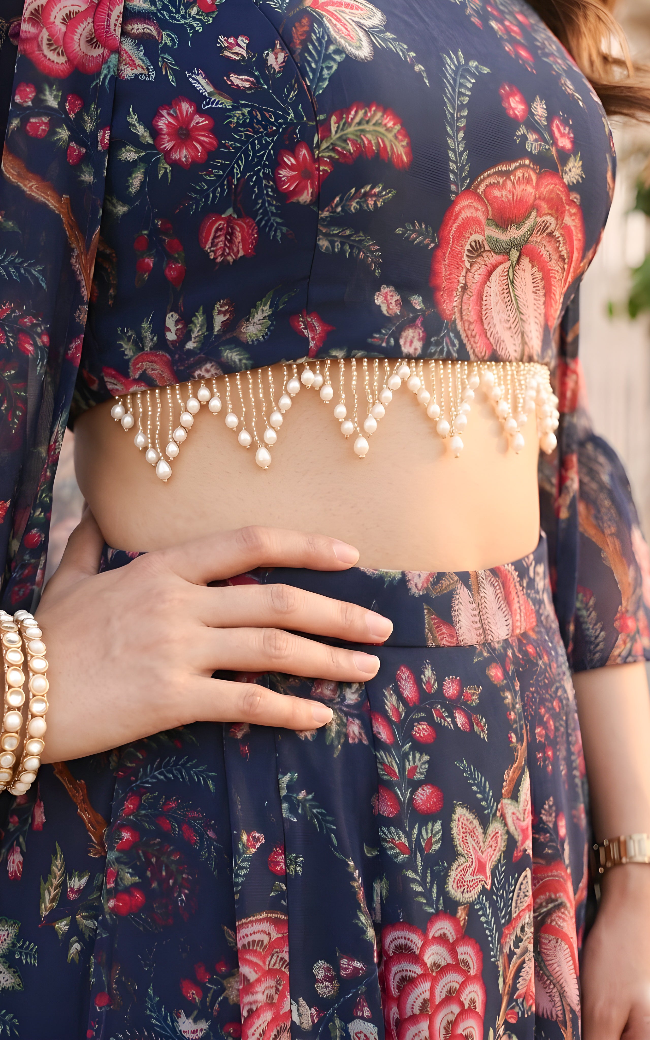 Srishti Navy Blue Floral Printed Georgette Crop-Top & Sharara Set