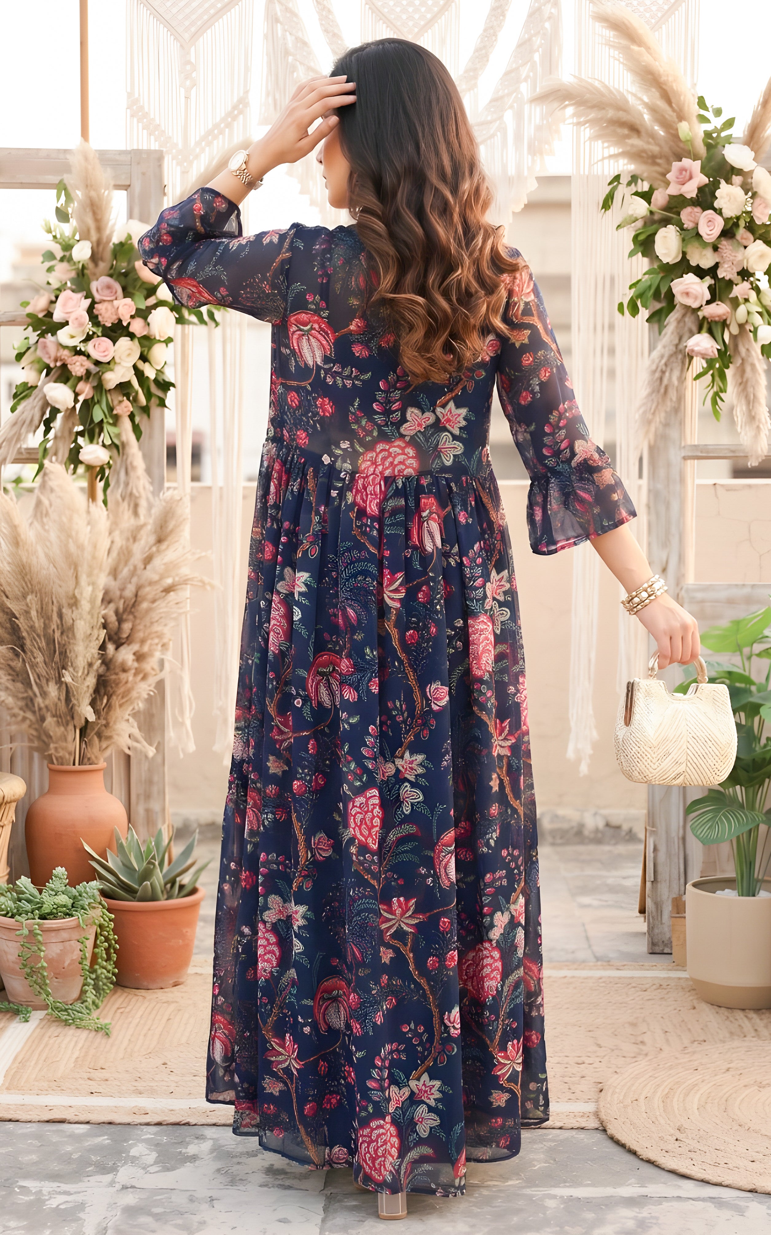 Srishti Navy Blue Floral Printed Georgette Crop-Top & Sharara Set