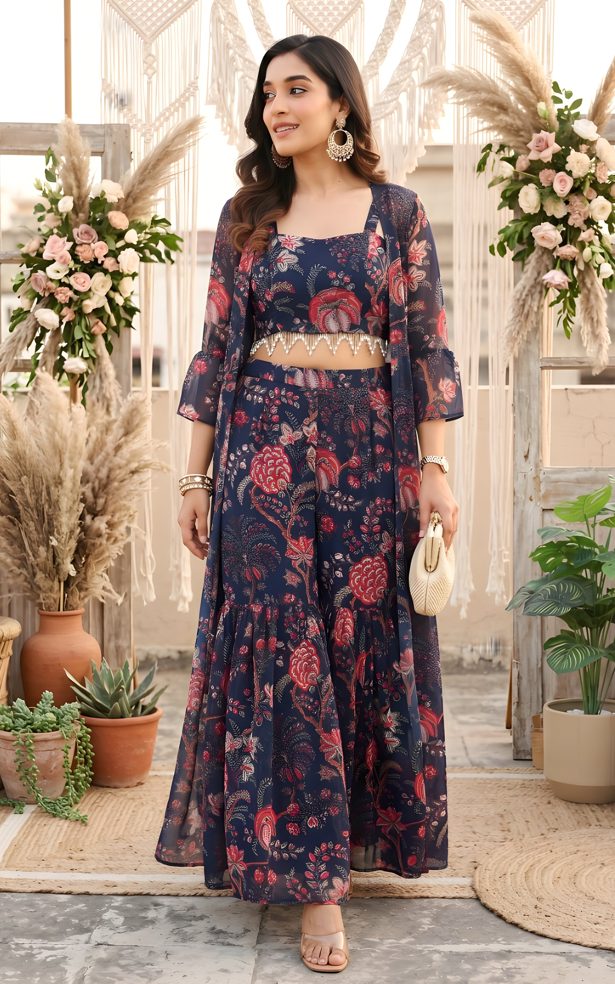 Srishti Navy Blue Floral Printed Georgette Crop-Top & Sharara Set