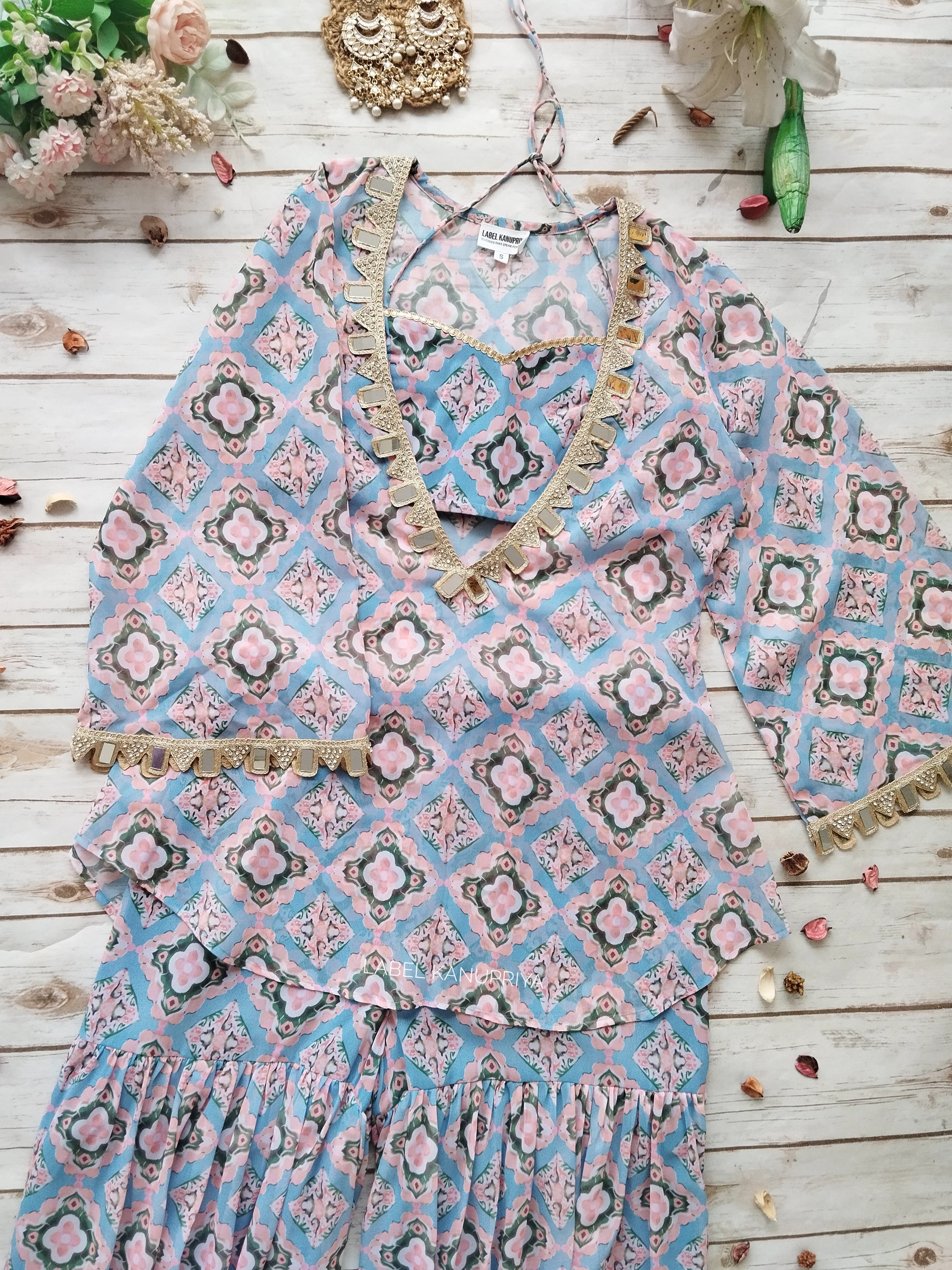 Cerulean Blue Geometric Print Kurta Cop-top and Sharara Set