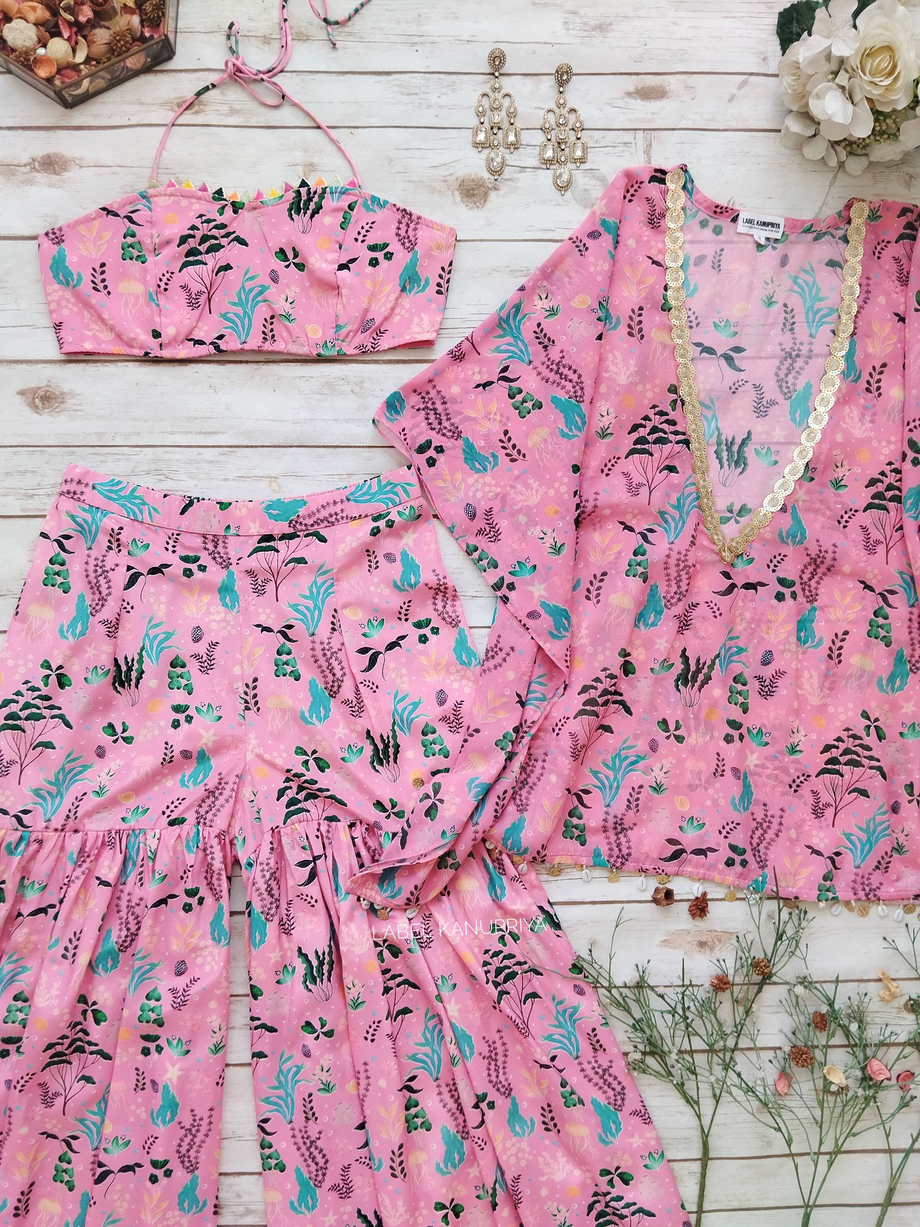 Pink Aquatic Print Crop Top and Sharara Set
