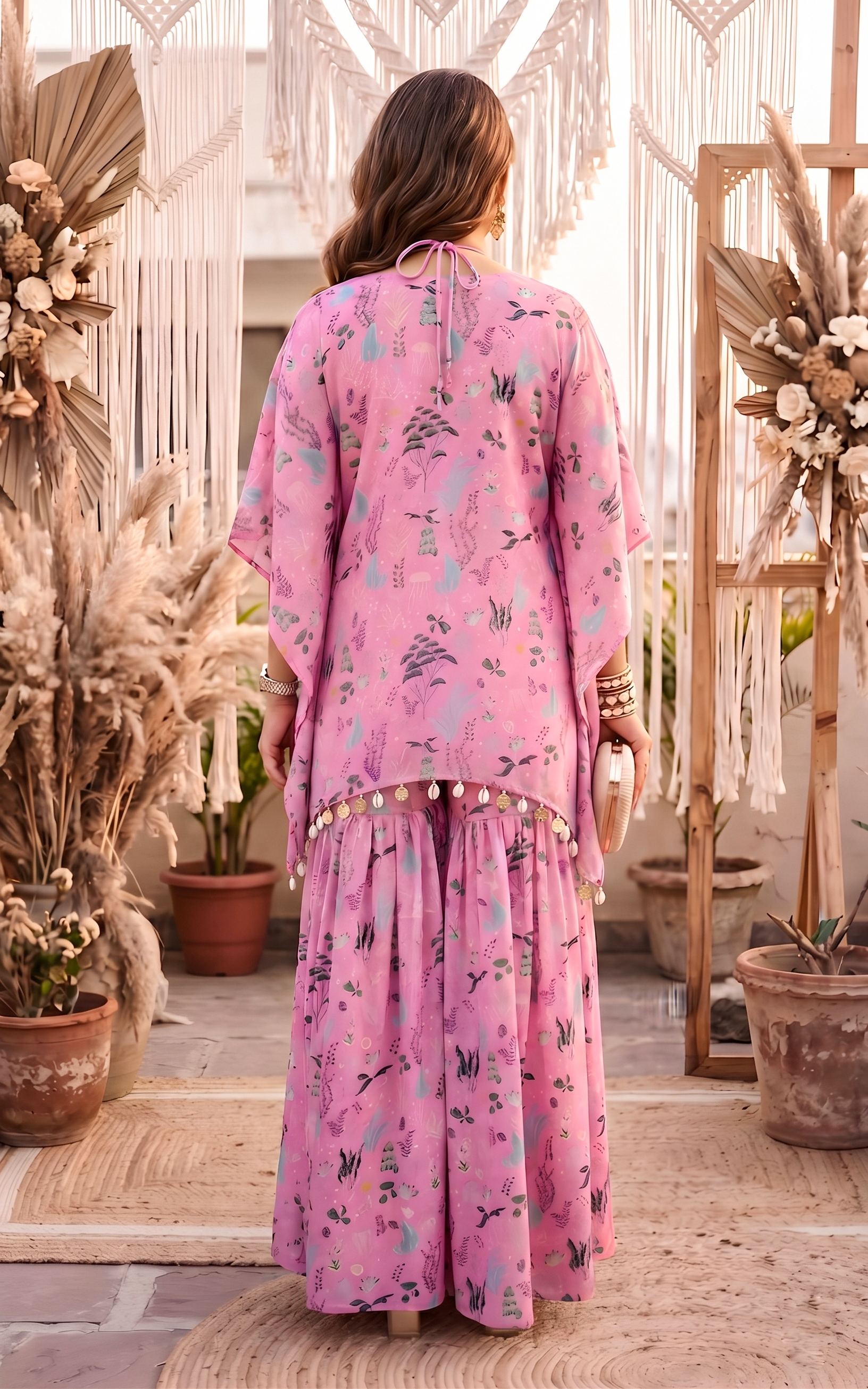 Pink Aquatic Print Crop Top and Sharara Set