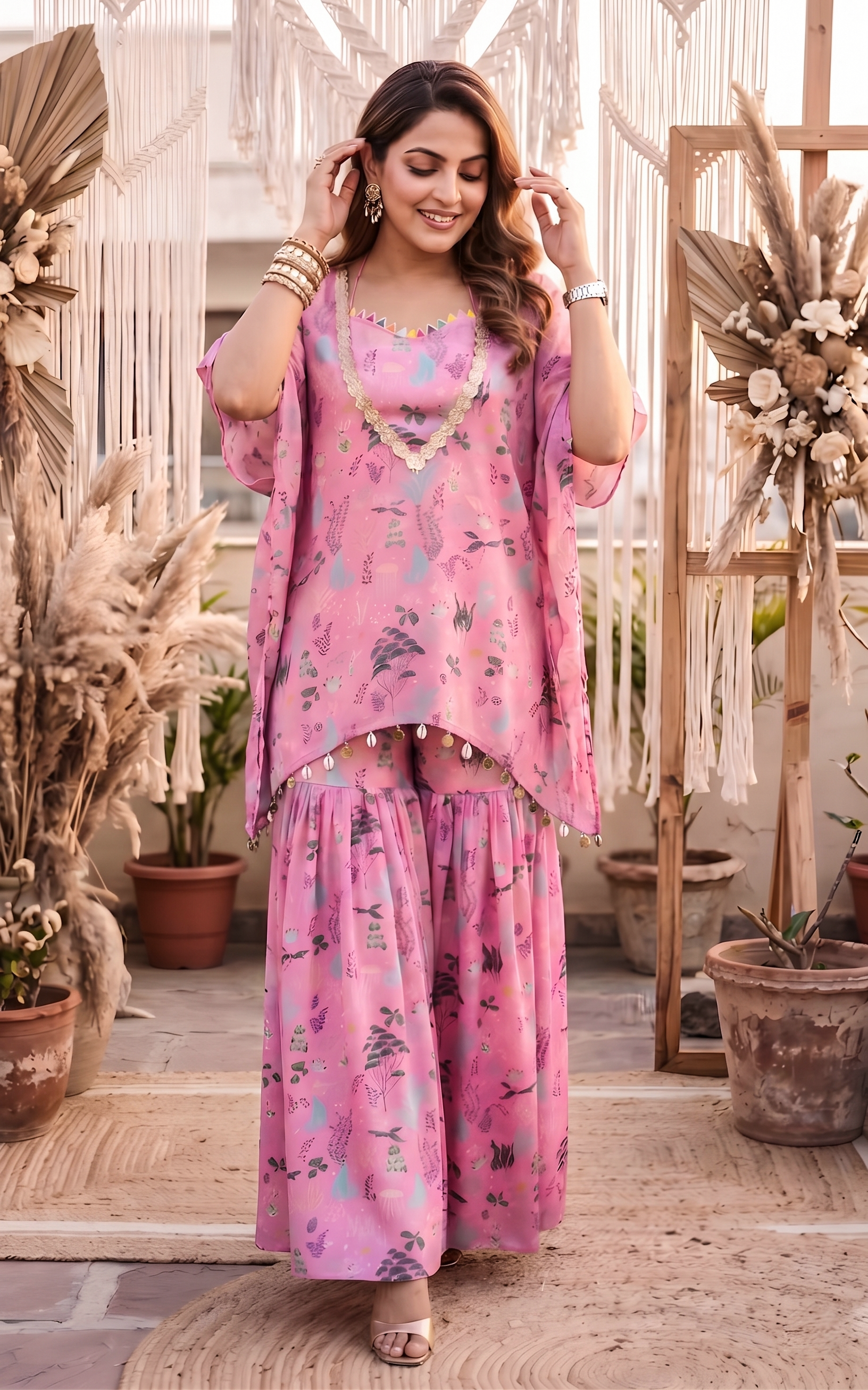 Pink Aquatic Print Crop Top and Sharara Set