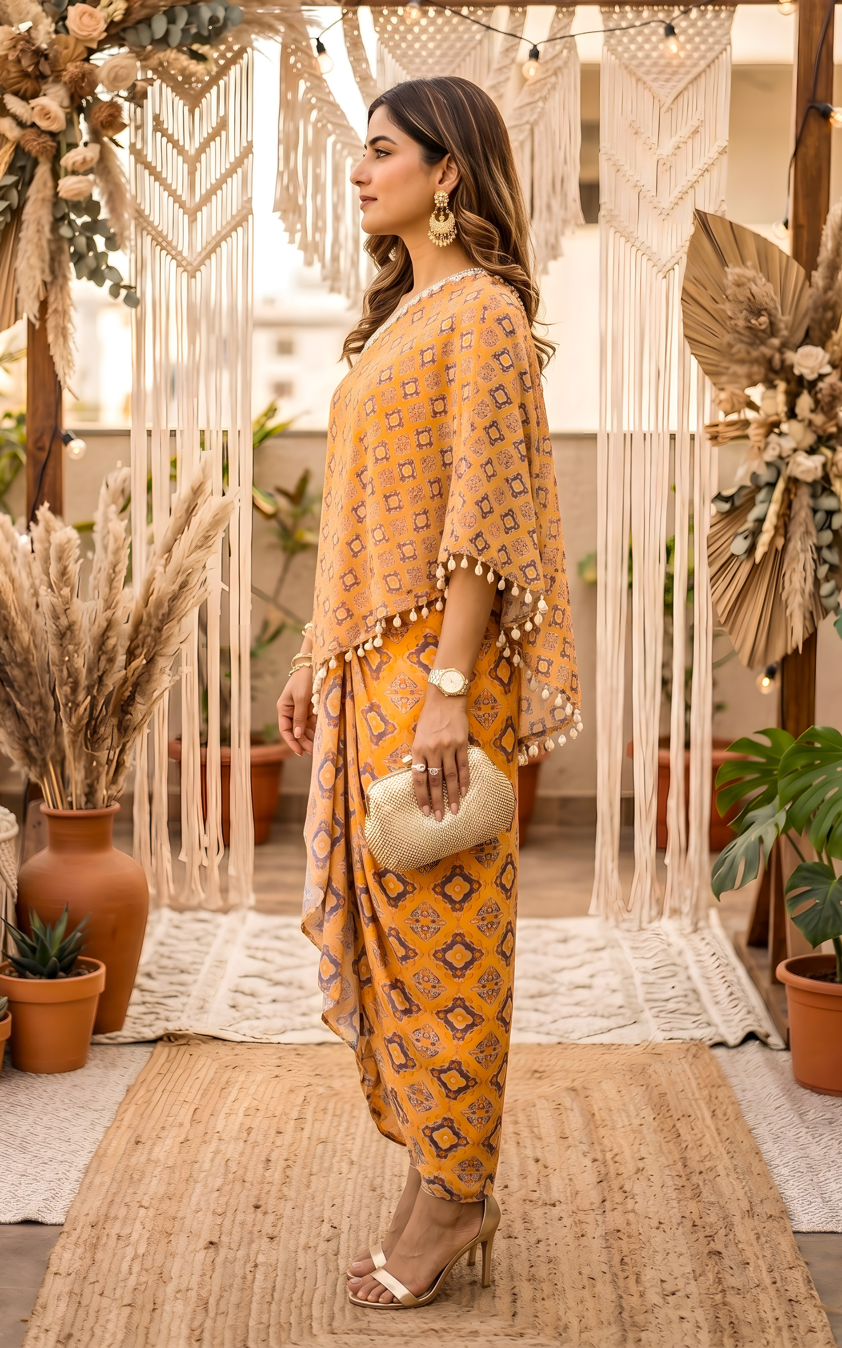 Yellow Geometric Print One-Shoulder Top & Draped Skirt