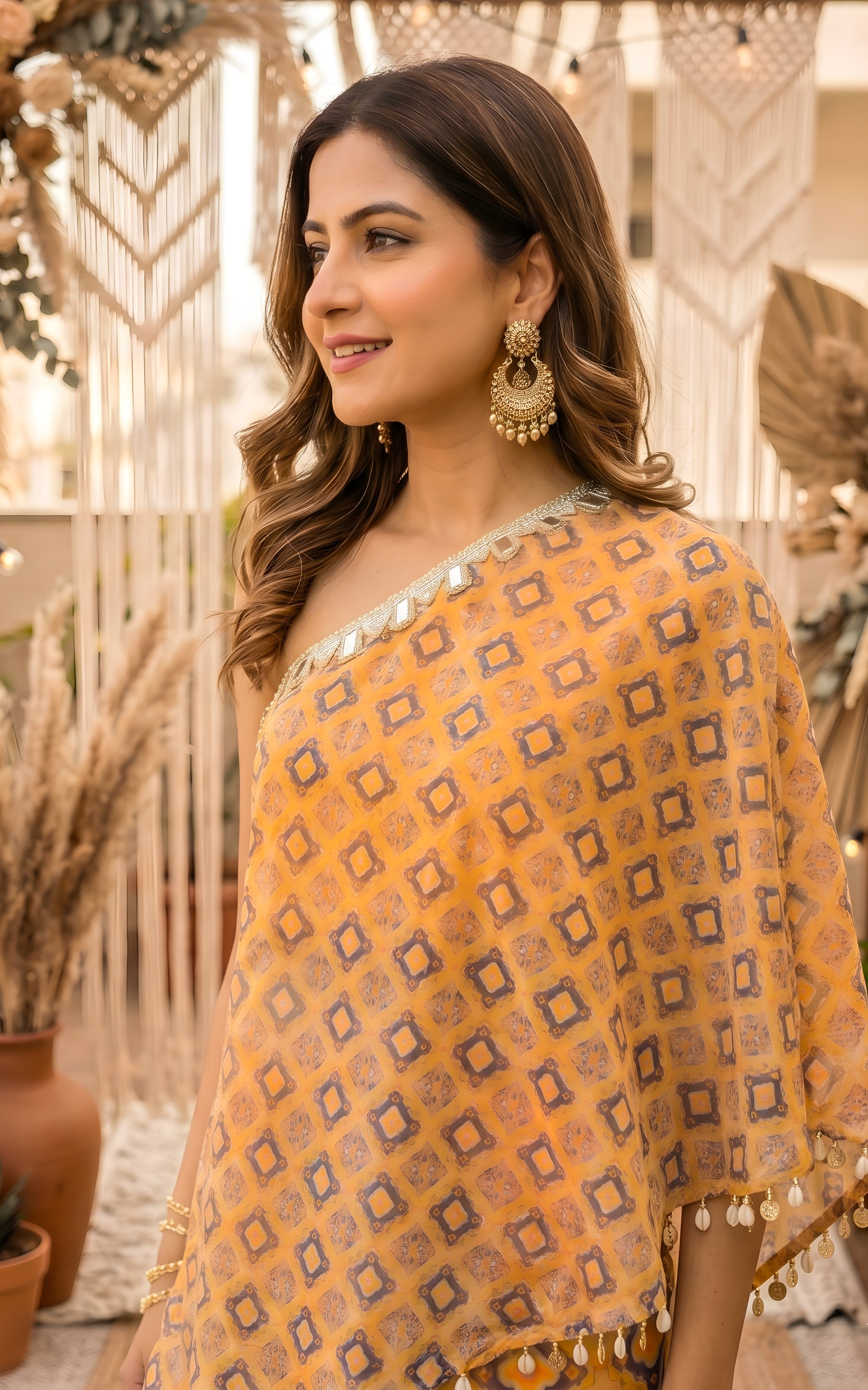 Yellow Geometric Print One-Shoulder Top & Draped Skirt