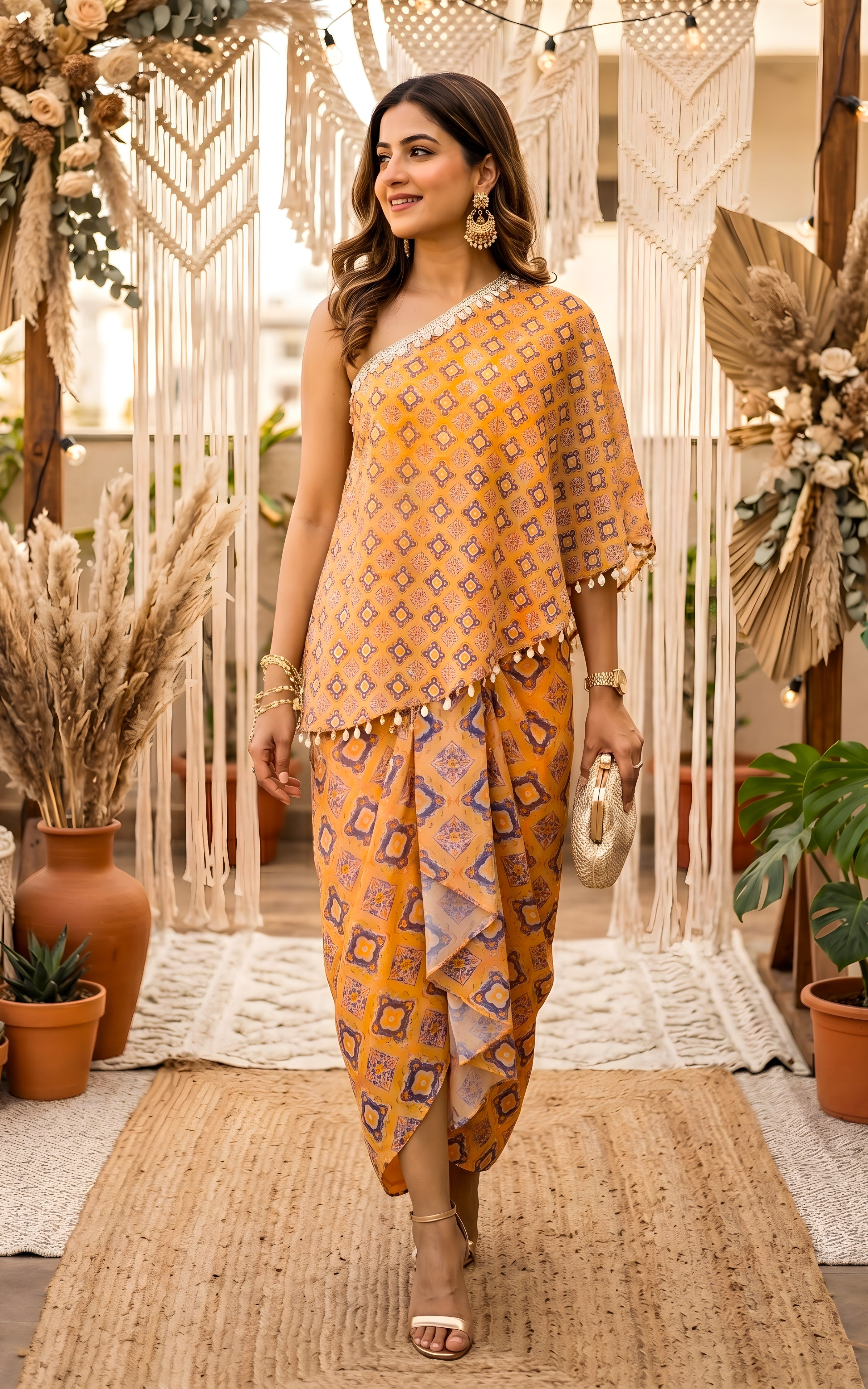 Yellow Geometric Print One-Shoulder Top & Draped Skirt