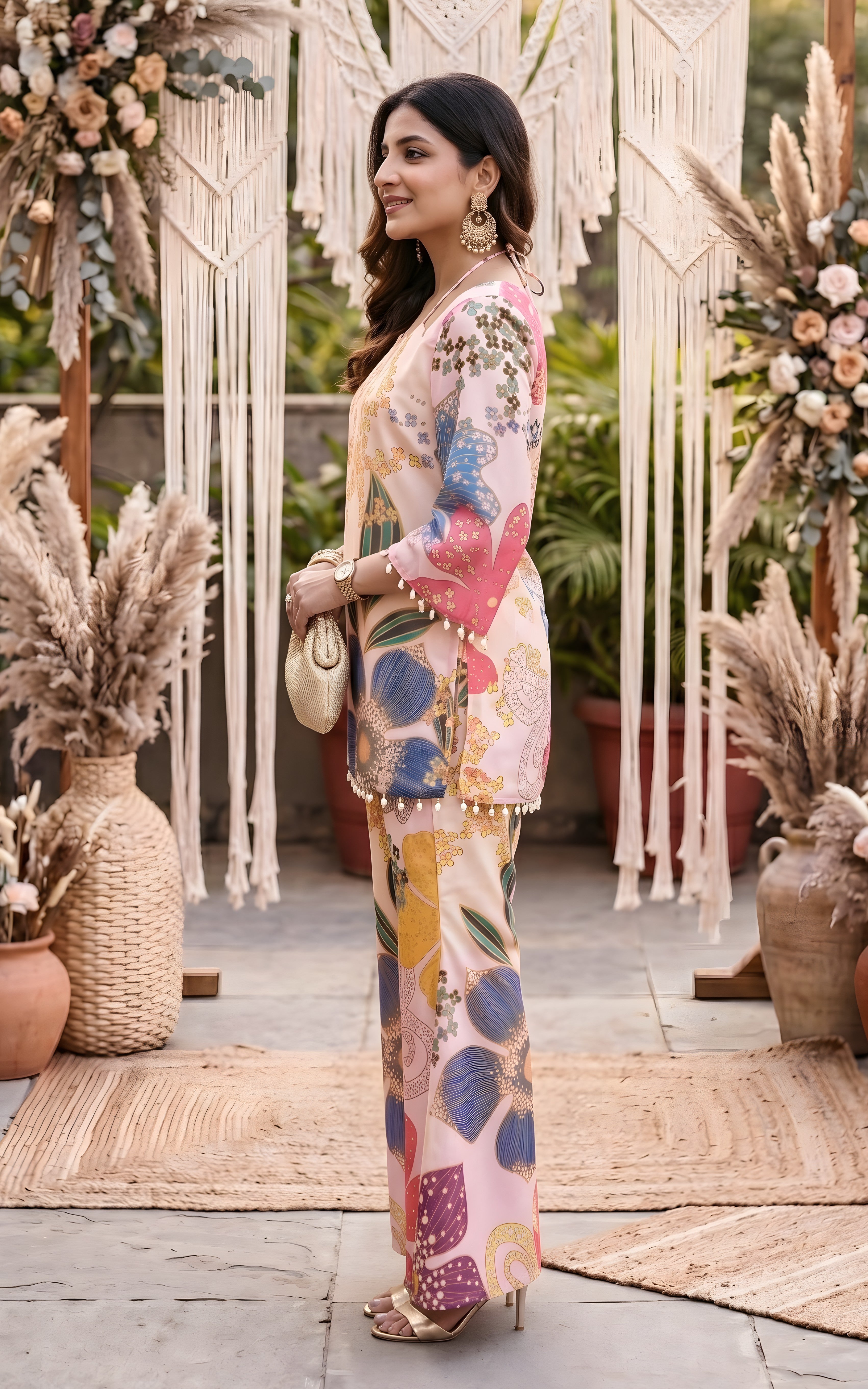 Vintage Pink Kurti and Flared Pants Co-ord Set