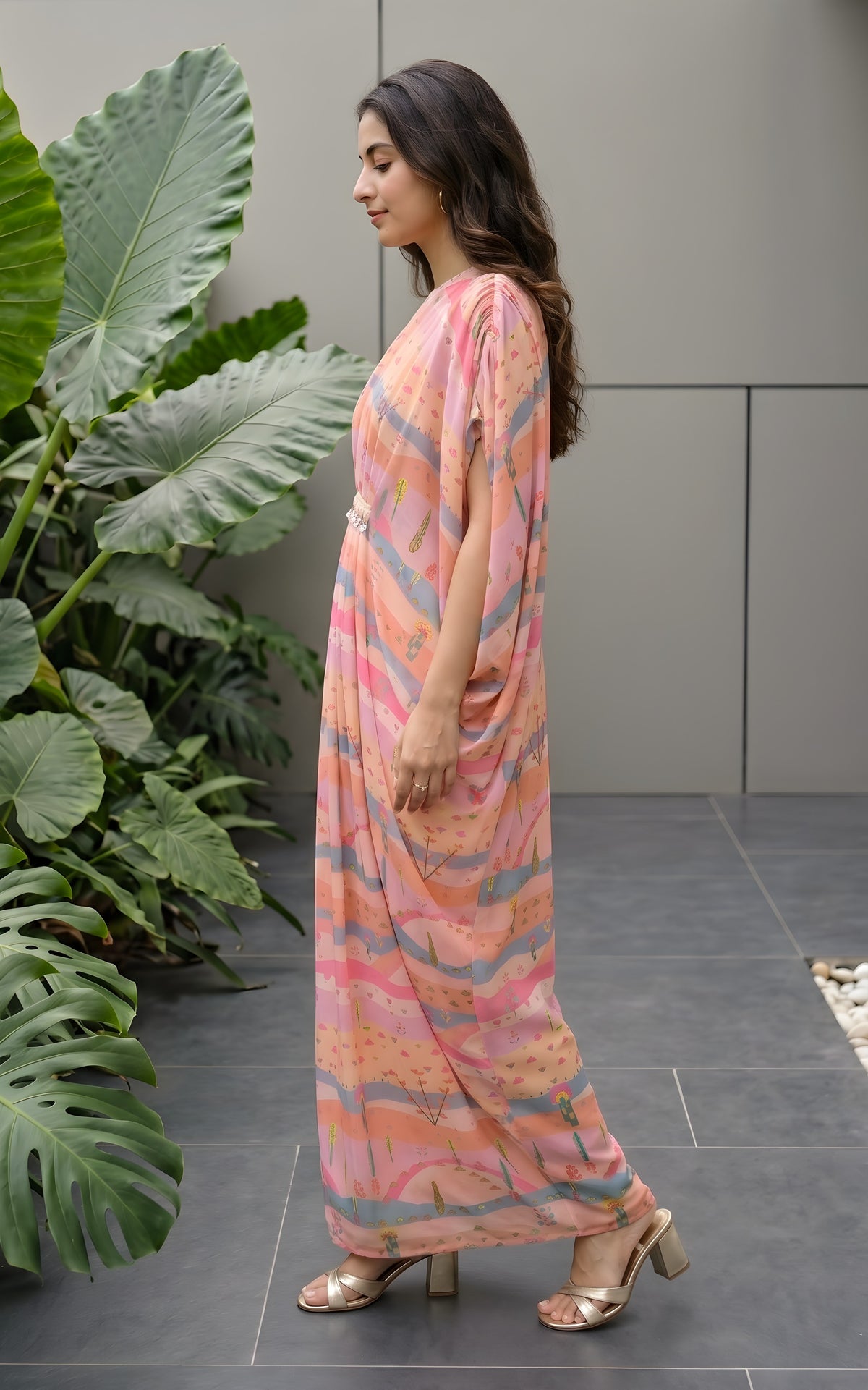 Graphic Landscape One-shoulder Drape Dress