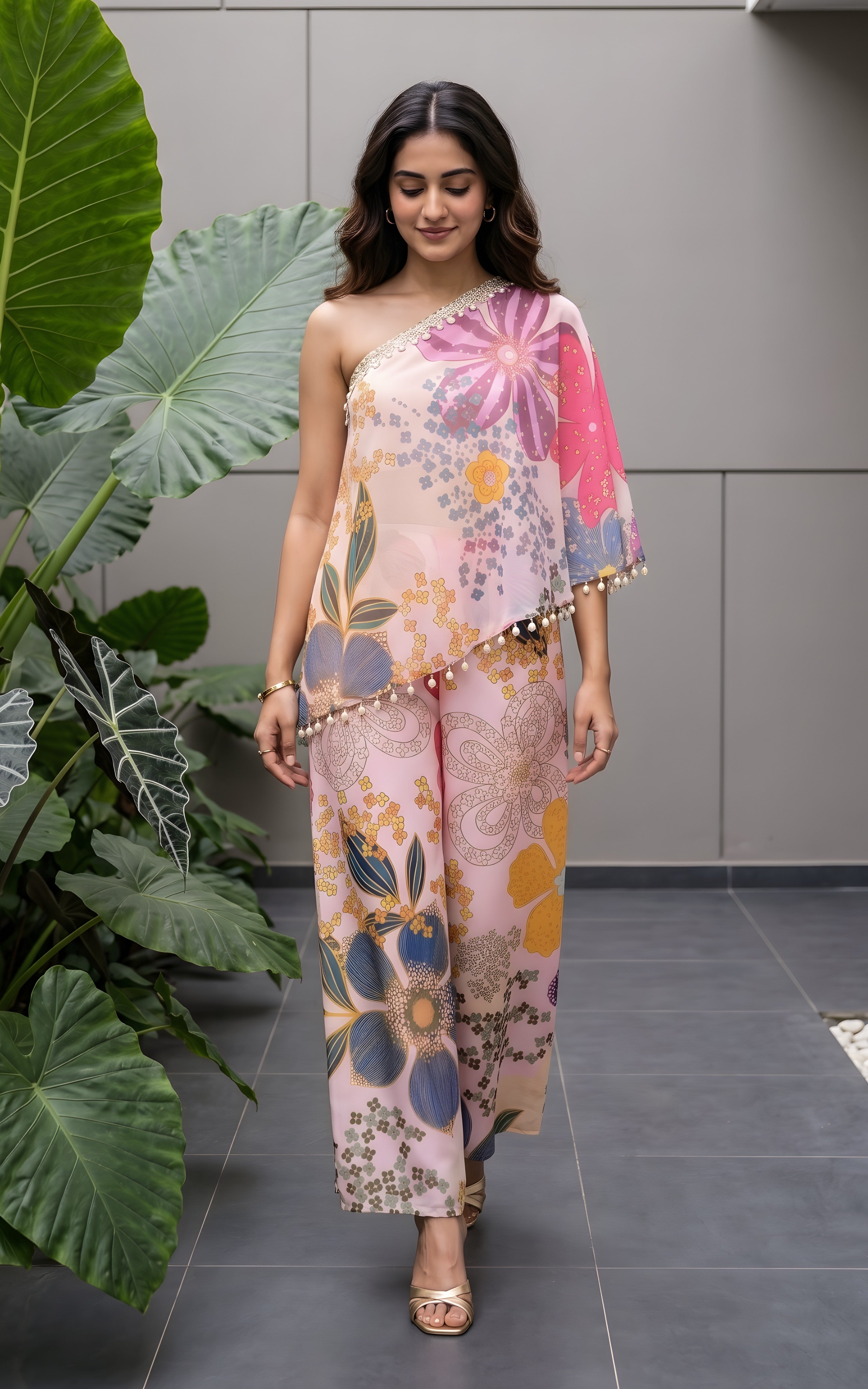 Vintage Pink Floral One-shoulder Co-ord Set