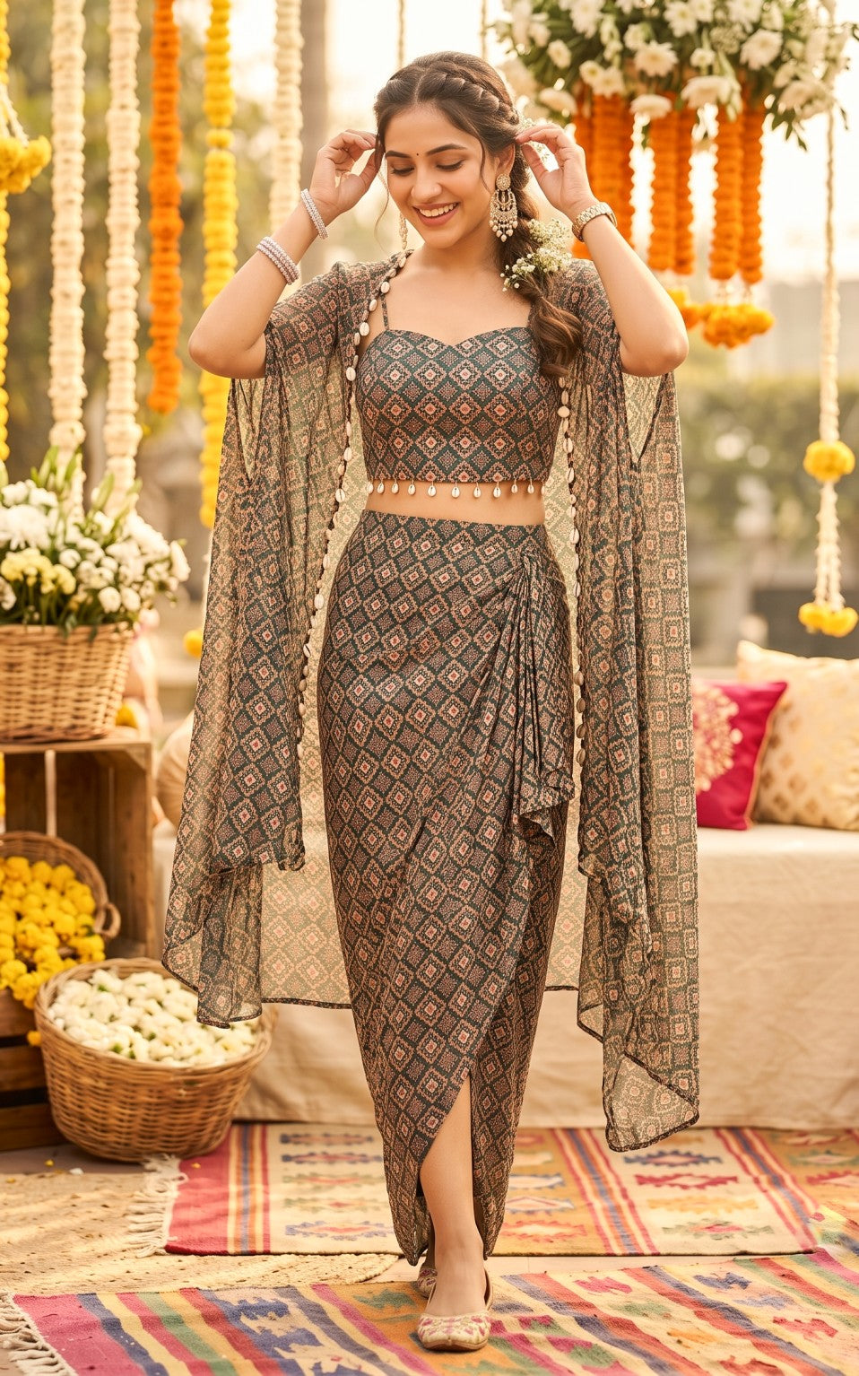 Forest Green Geometric Print Corset and Draped Skirt Set