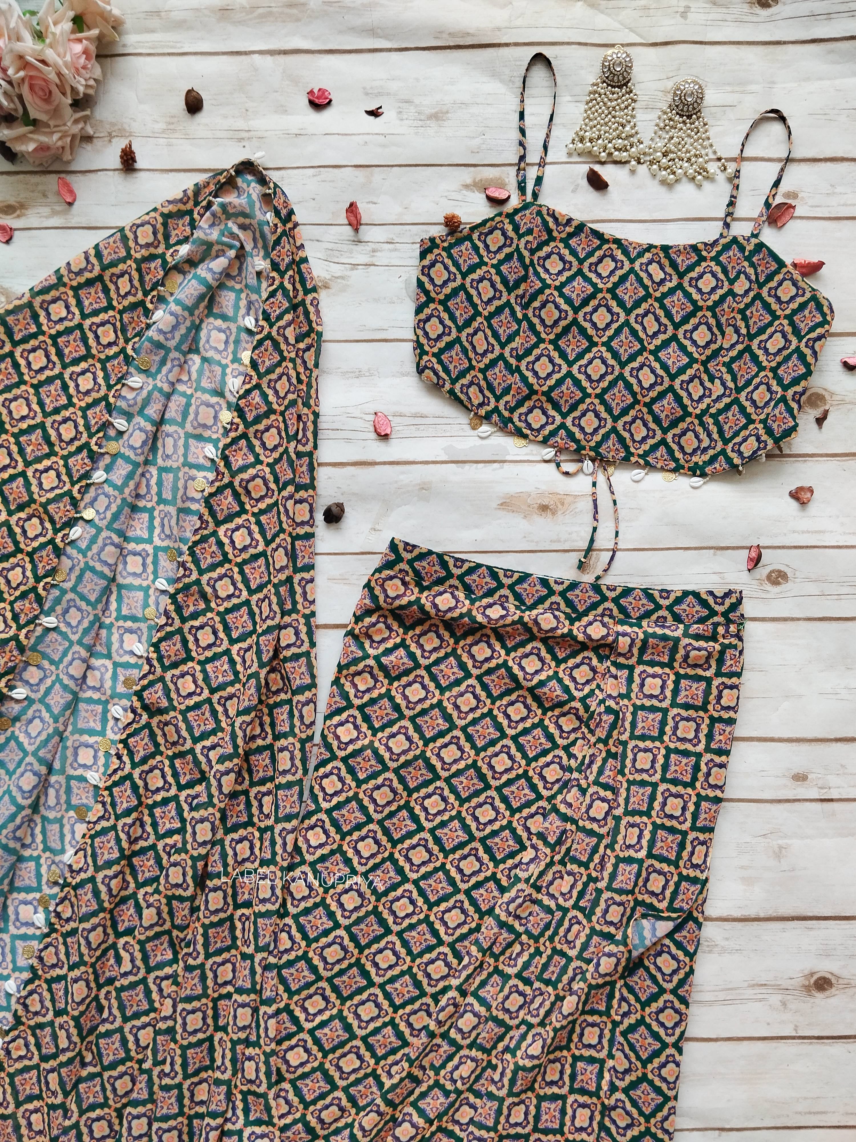 Forest Green Geometric Print Corset and Draped Skirt Set