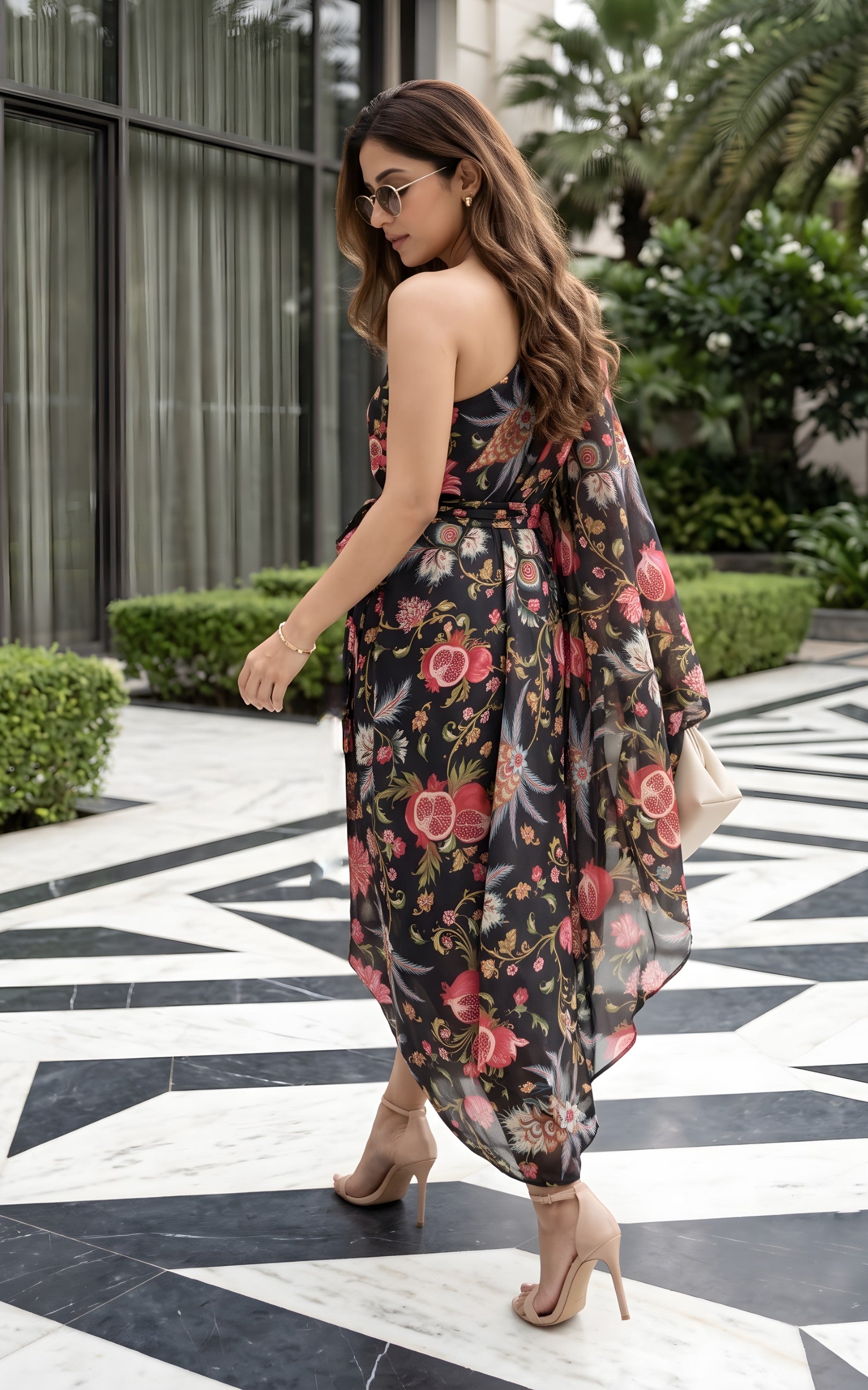 Black Anaar Print One-shoulder Draped Dress